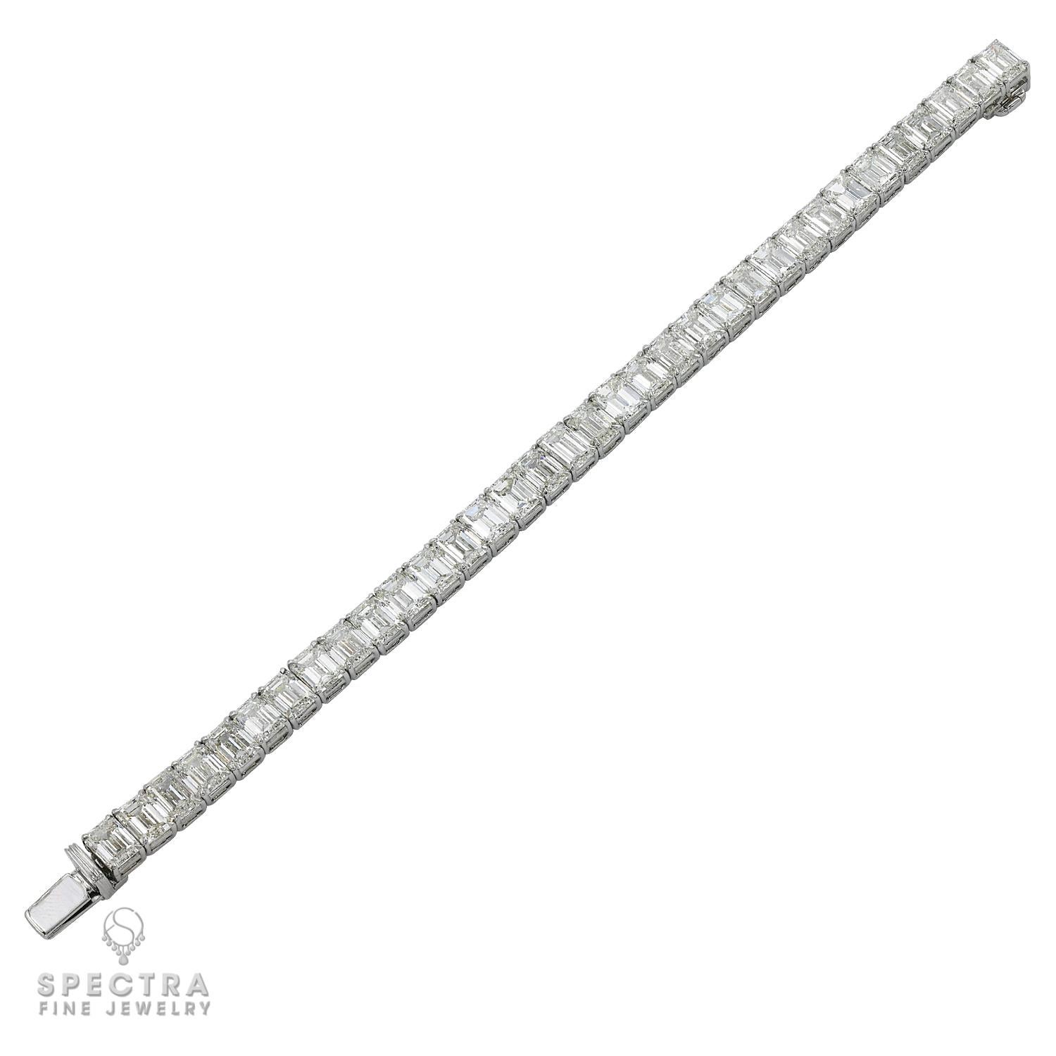 A classy tennis bracelet comprising of 34 emerald-cut diamonds weighing a total of 34.71 carats; 1 carat each. 
The diamonds are certified by GIA lab, stating that they are with I-J color, IF-SI1 clarity.
Metal is 18k white gold; gross weight is