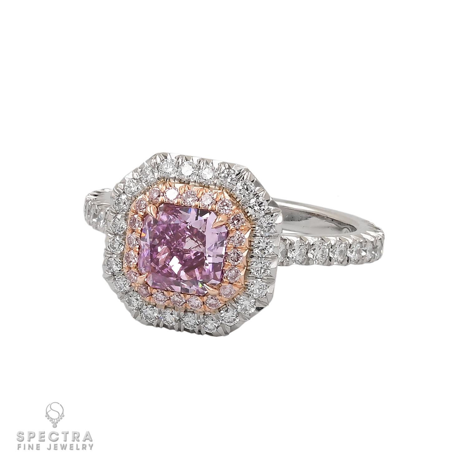 Behold the epitome of timeless elegance and refined romance in this exquisite engagement ring. At its heart, a dazzling 1.10 carat Radiant-cut Fancy Intense Pink Purple Diamond, with an undeniable allure that captures the essence of love itself.