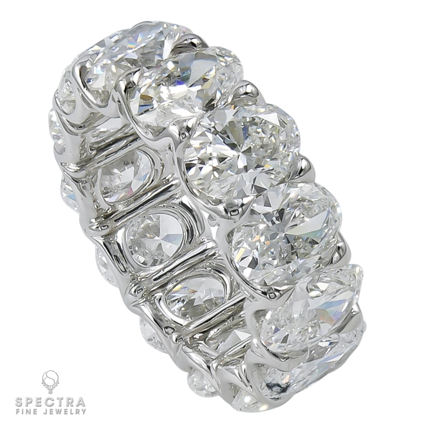A classy eternity/wedding band ring comprising of 13 oval diamonds weighing a total of 11.73 carats. Each diamond is 0.9 carat.
The diamonds are certified by GIA stating that they are with D-E-F color, VVS-VS clarity.
Metal is 18k white gold, gross