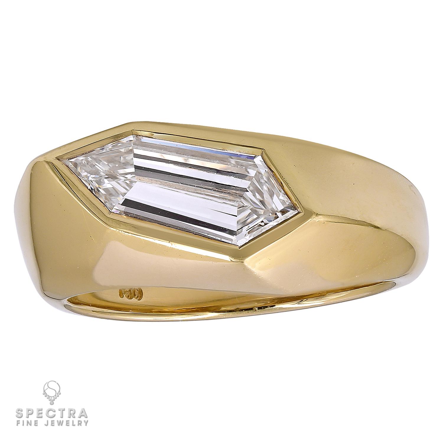 Step into the realm of modern sophistication with this striking bezel-set diamond ring from Spectra Fine Jewelry, meticulously crafted in 18k yellow gold in 2023. At its core gleams a mesmerizing 1.5-carat Kite Shape Diamond, certified by GIA with H
