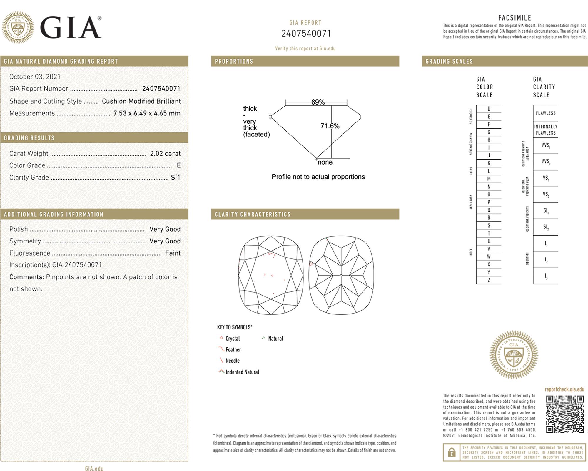 Taille coussin Spectra Fine Jewelry, bague de fiançailles avec diamant coussin de 2,02 carats certifié GIA en vente