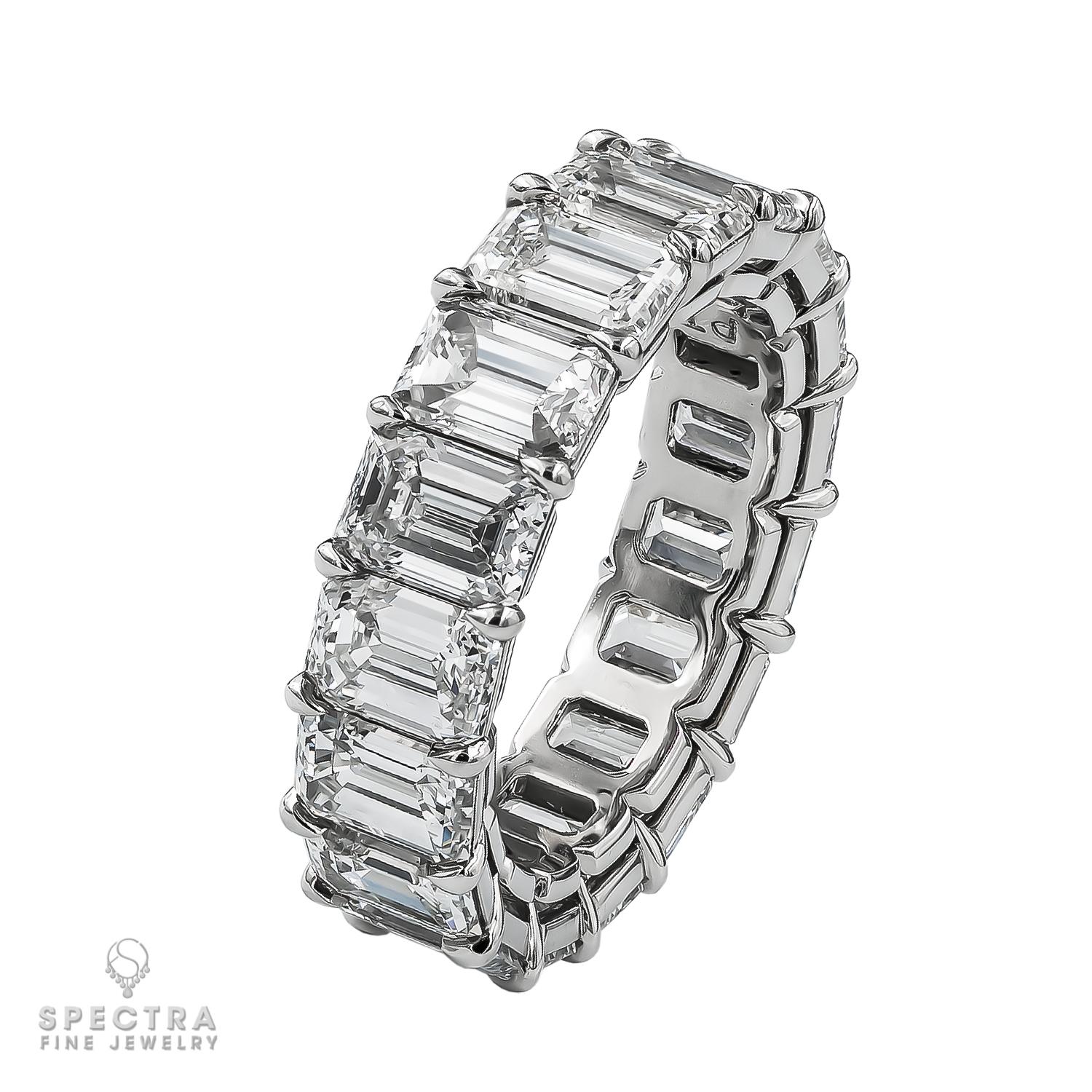 A classy eternity/wedding ring comprising of 17 emerald-cut diamonds weighing a total of 9.01 carats.
Each diamond is 0.53 carats average.
All diamonds are certified by GIA, G-H-I color, IF-VS1 clarity.
Metal is platinum, gross weight 7.52gr.
Size