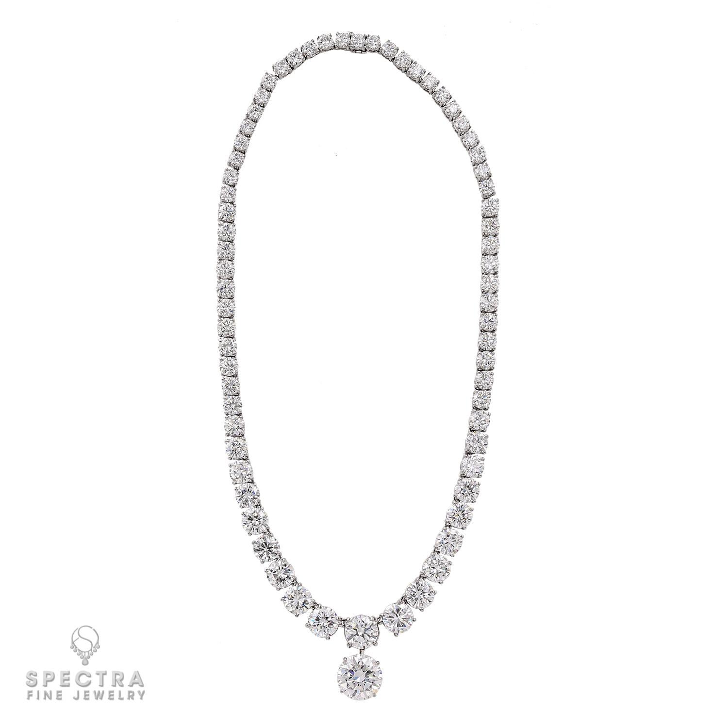 Haute-joaillerie diamond necklace riviera style with a diamond pendant. The necklace is comprising of 67 graduated round-cut diamonds, mounted in platinum. 16 diamonds are GIA certified weighing from 0.73 carats to 3 carats. The colors are from D to