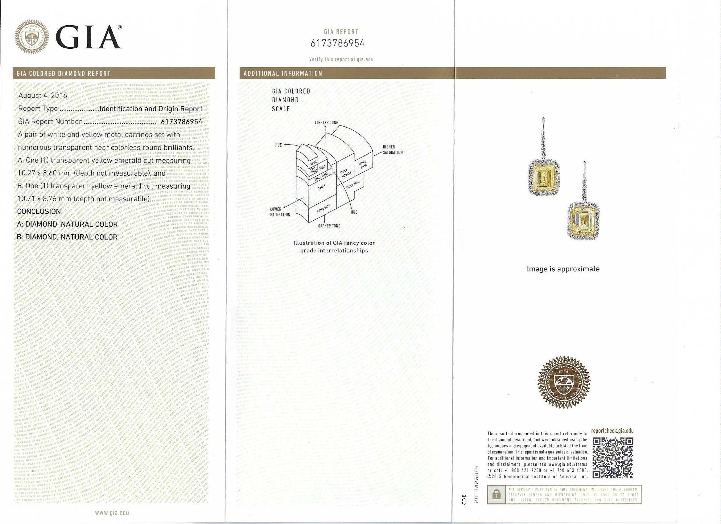 Contemporain Spectra Fine Jewelry, boucles d'oreilles pendantes en diamant jaune taille émeraude certifié GIA en vente