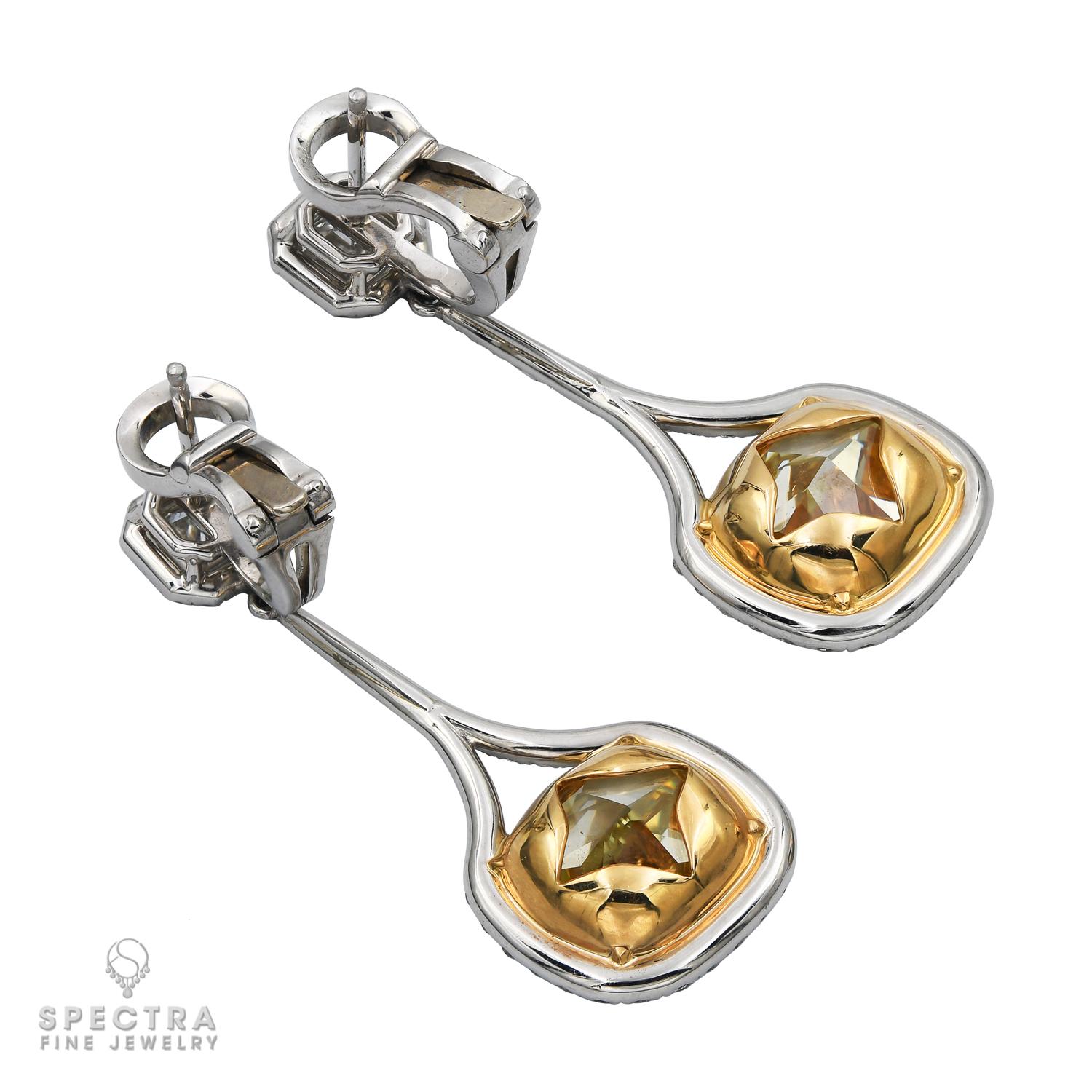 Cushion Cut Spectra Fine Jewelry, GIA Certified Fancy Yellow Diamond Drop Earrings For Sale