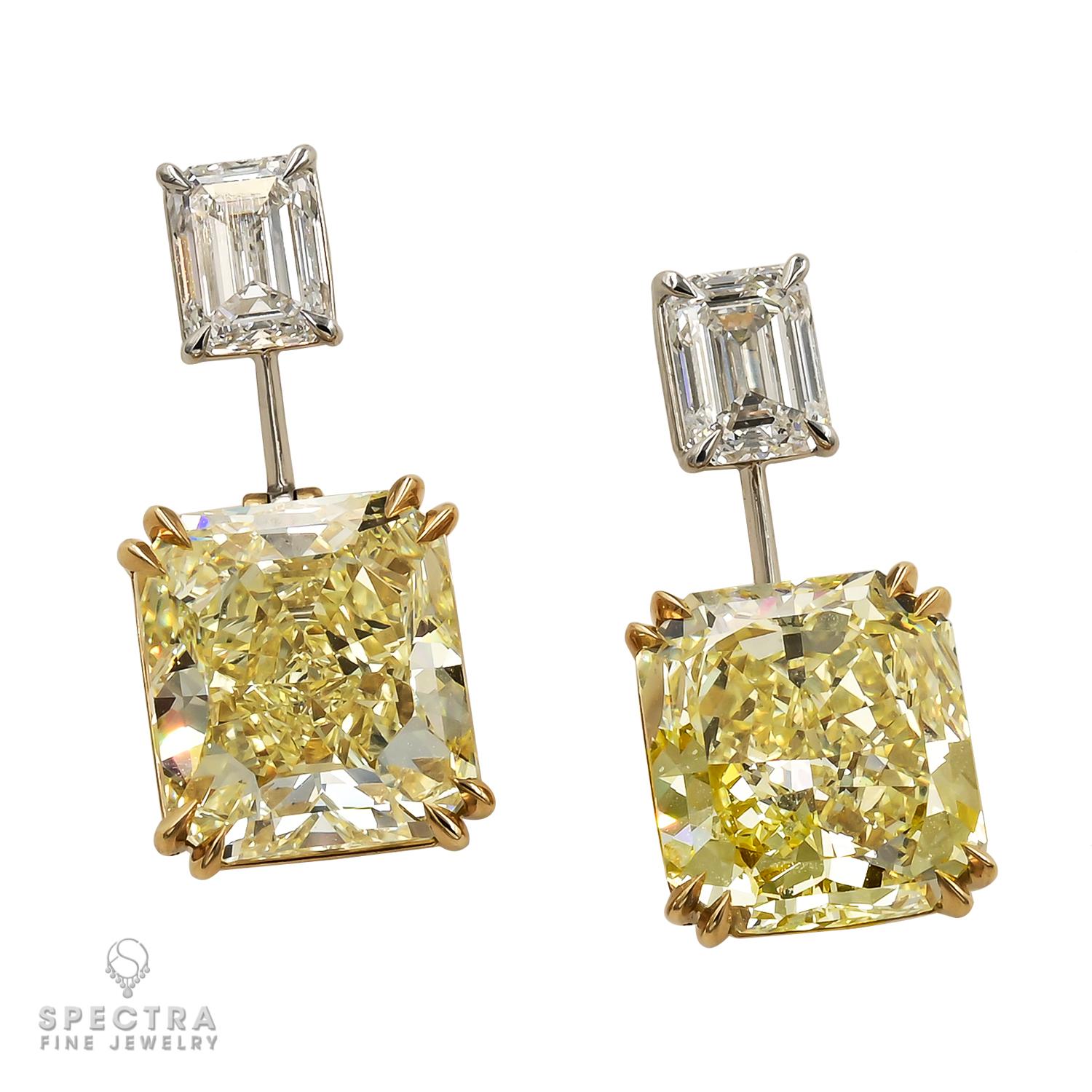 Sparkling with splendor of the sun itself, yellow diamonds are sure to usher happiness and joy into your life. The Contemporary Yellow Radiant Diamond Drop Earrings, made by Spectra Fine Jewelry in 2023, are crafted in 18K yellow gold and platinum