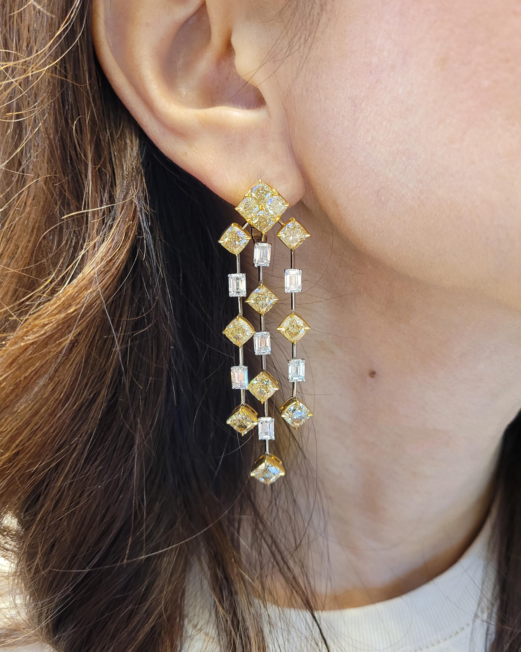 Radiant Cut Spectra Fine Jewelry GIA Certified Yellow & White Diamond Chandelier Earrings For Sale