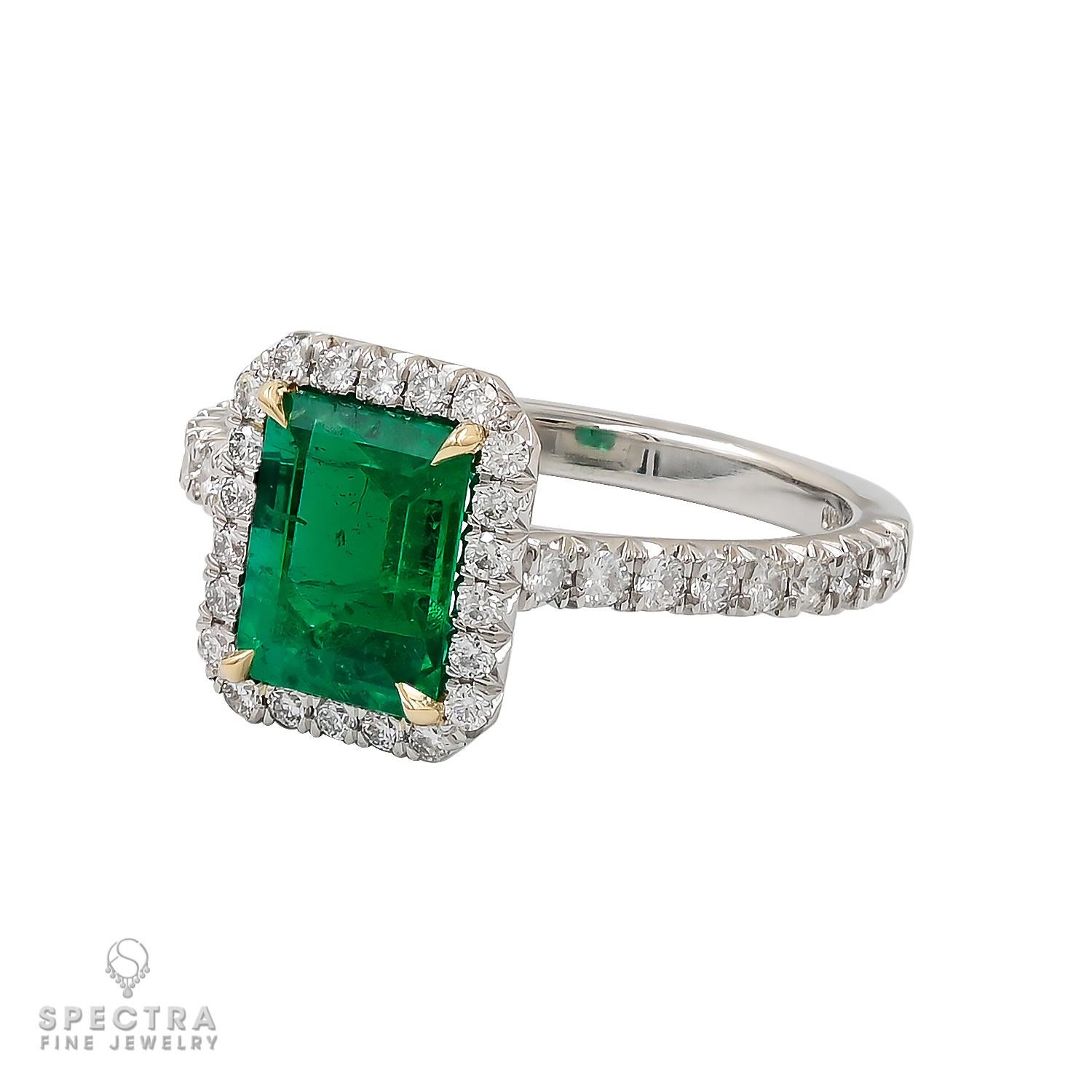 The centerpiece of this lovely creation is the 1.47ct emerald-cut Colombian emerald, a gem of unparalleled allure. Accompanied by a GRS certificate, this precious jewel assures not only beauty but authenticity of the highest order. A harmonious