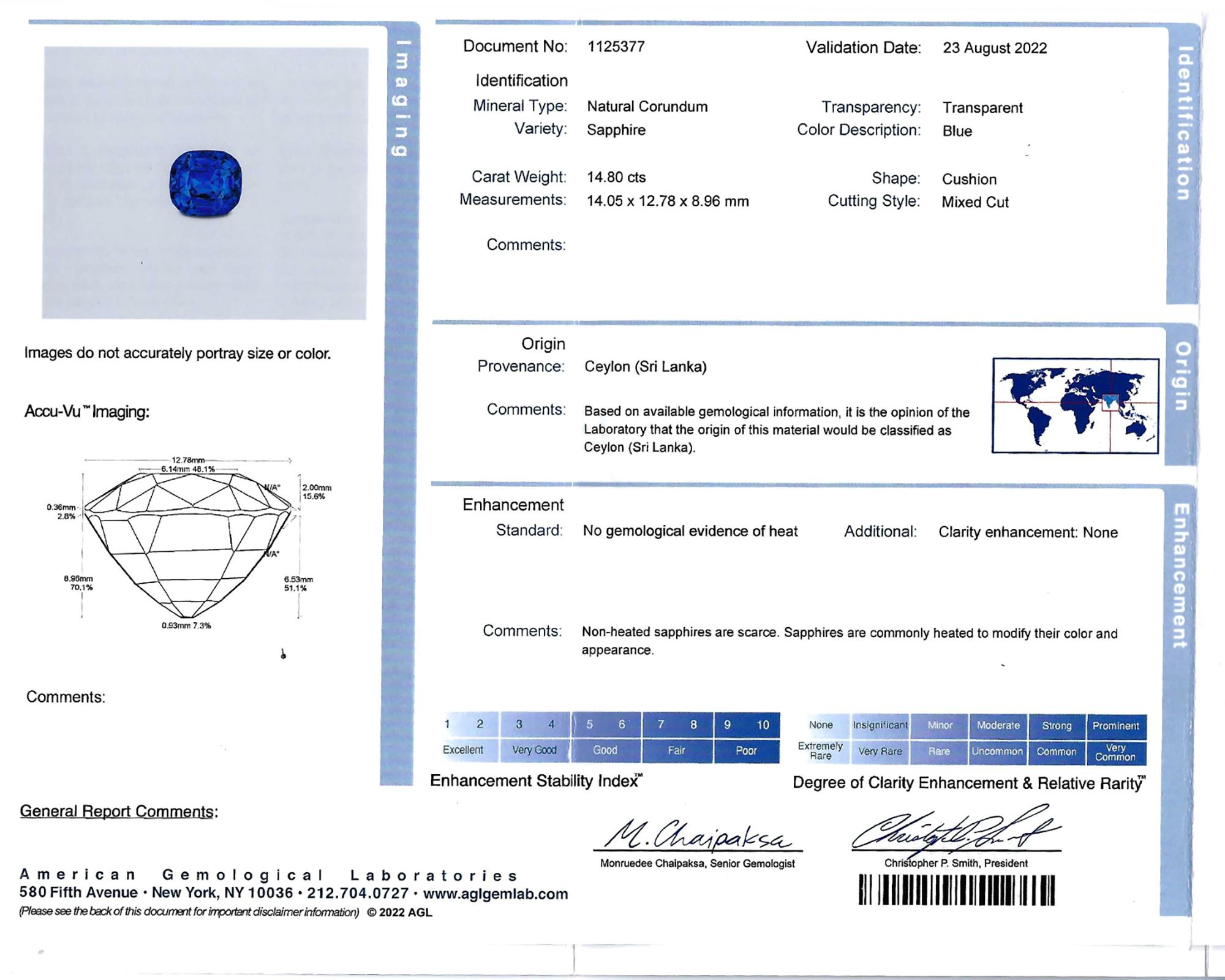 Spectra Fine Jewelry GRS Certified 14.80 Carat Royal Blue Ceylon Sapphire Ring Neuf - En vente à New York, NY