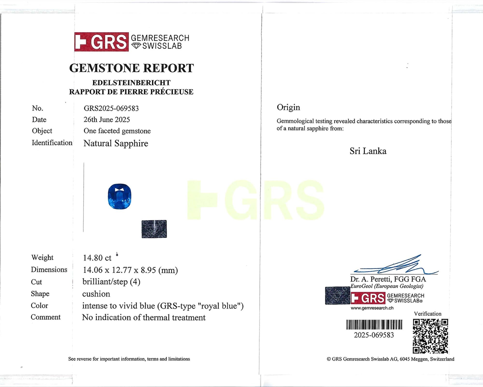 Spectra Fine Jewelry GRS Certified 14.80 Carat Royal Blue Ceylon Sapphire Ring Pour femmes en vente