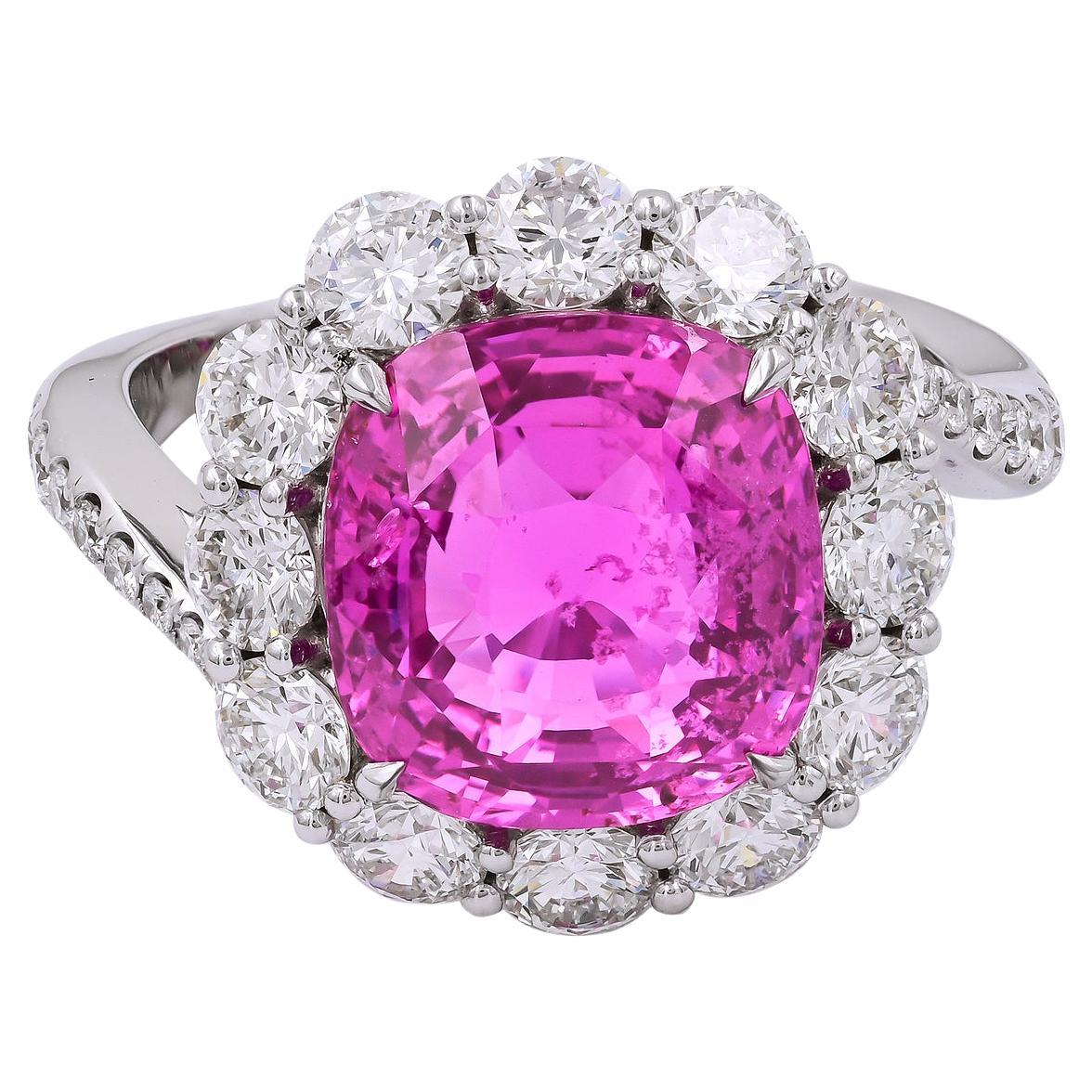 Spectra Fine Jewelry GRS Certified 7.08 carat Cushion Pink Sapphire Ring For Sale
