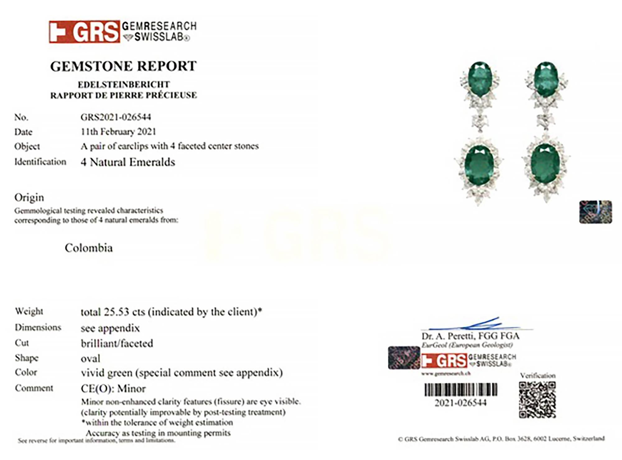 Taglio ovale Spectra Fine Jewelry Orecchini a goccia con diamante smeraldo colombiano certificato GRS in vendita