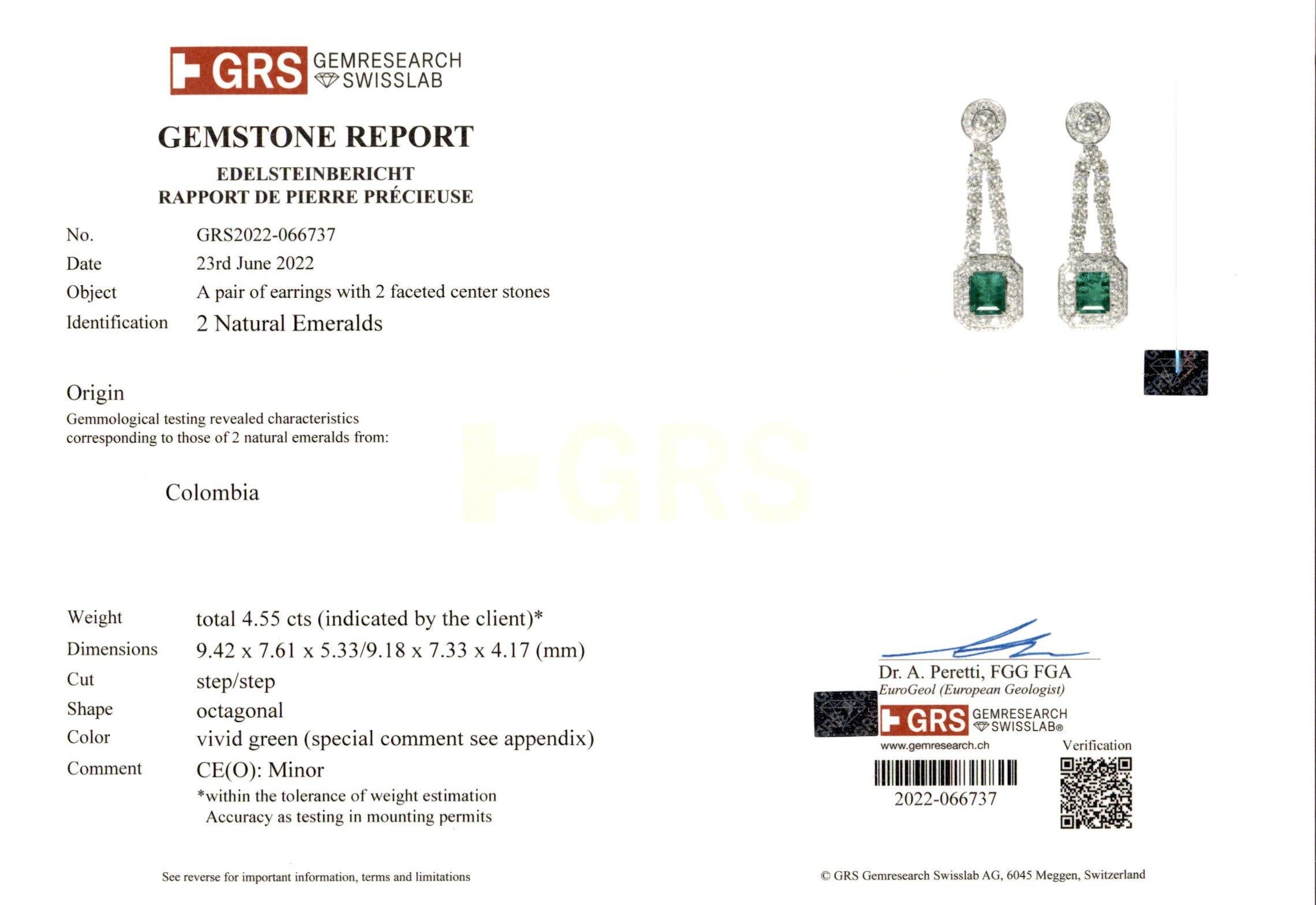Spectra Fine Jewelry Boucles d'oreilles en diamants et émeraudes de Colombie certifiées GRS Neuf - En vente à New York, NY