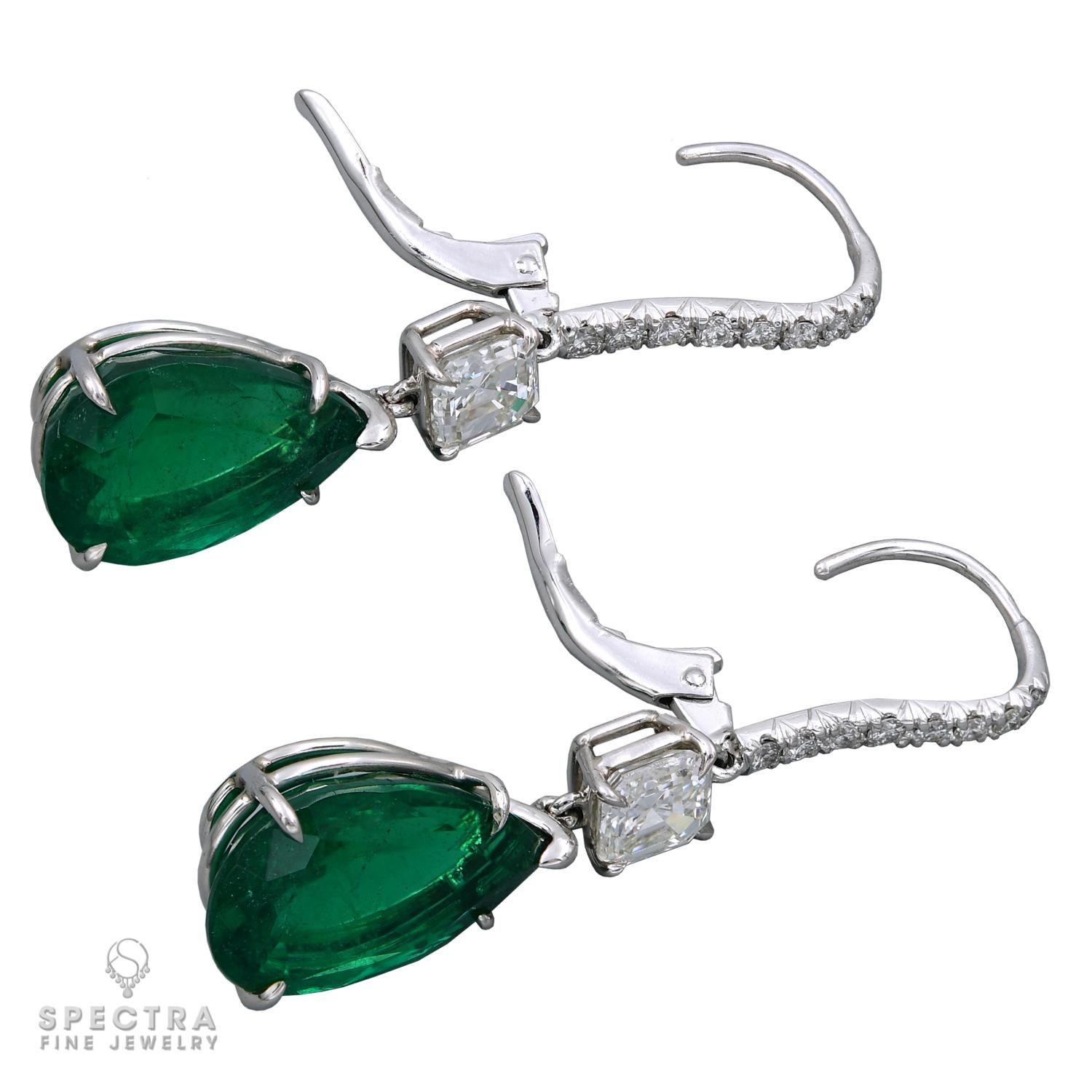 Contemporary Spectra Fine Jewelry GRS Certified Zambian Emerald Diamond Drop Earrings For Sale