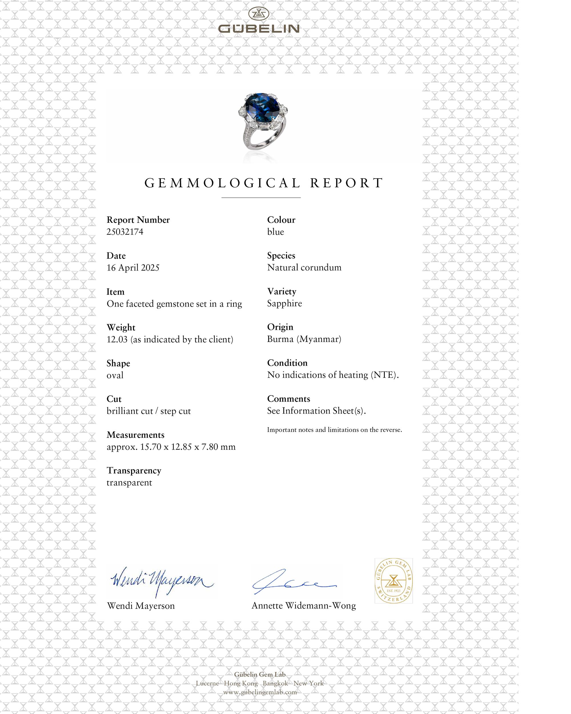 Spectra Fine Jewelry Gubelin Certified 12.03 Carat Burma Sapphire Diamond Ring In New Condition For Sale In New York, NY