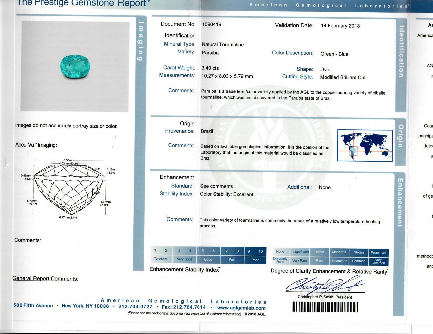Oval Cut Spectra Fine Jewelry AGL Certified Paraiba Tourmaline Diamond Emerald Ring For Sale