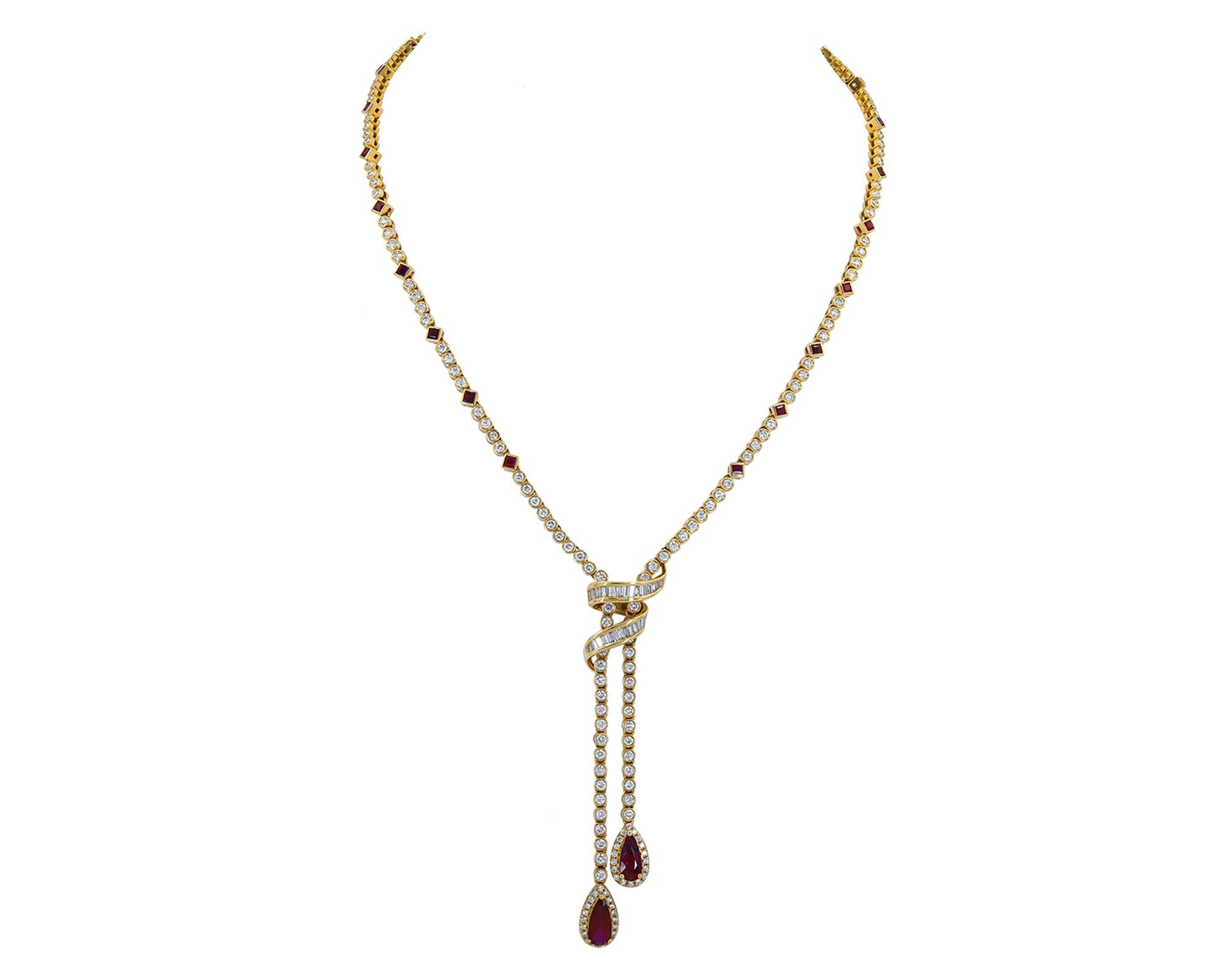 Mixed Cut Contemporary Ruby Diamond Lavalier Drop Necklace For Sale