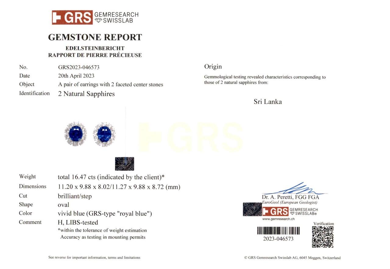 Contemporary Spectra Fine Jewelry GRS Certified Royal Blue Sapphire Diamond Ear Clips For Sale