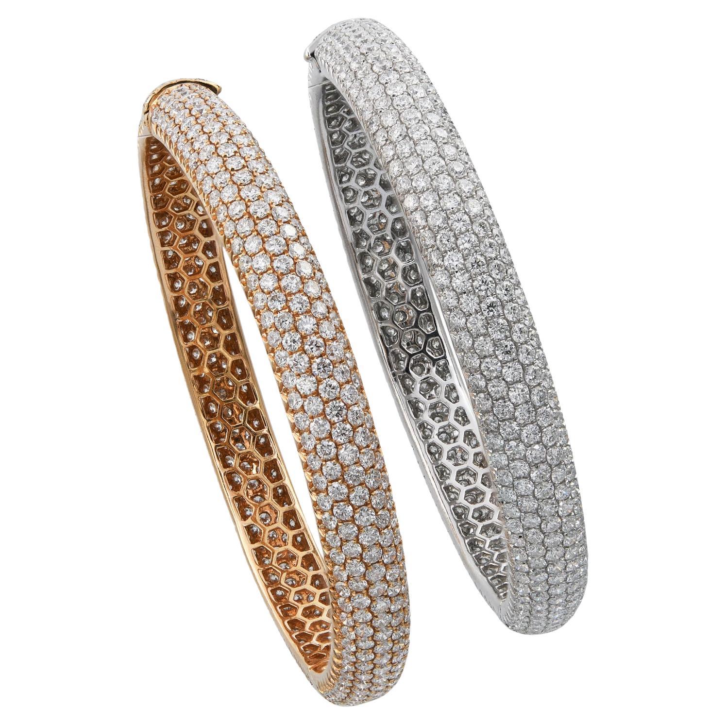 Spectra Fine Jewelry Set of Two Diamond Gold Bangles in 18kt Rose & White Gold For Sale