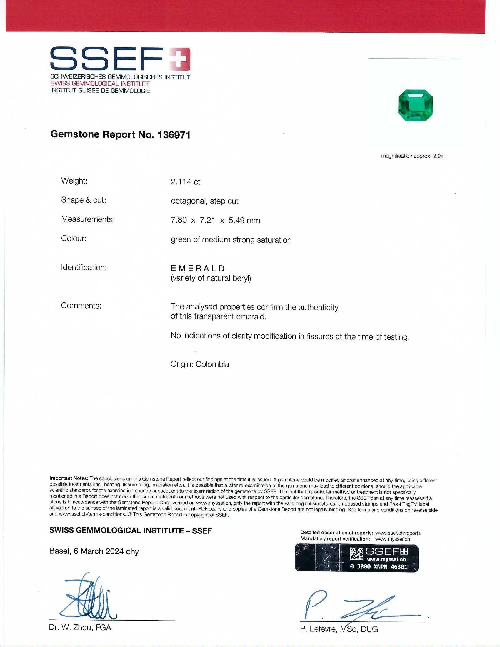 Emerald Cut Spectra Fine Jewelry SSEF Certified 2.11 Carat Colombian No Oil Emerald Ring For Sale