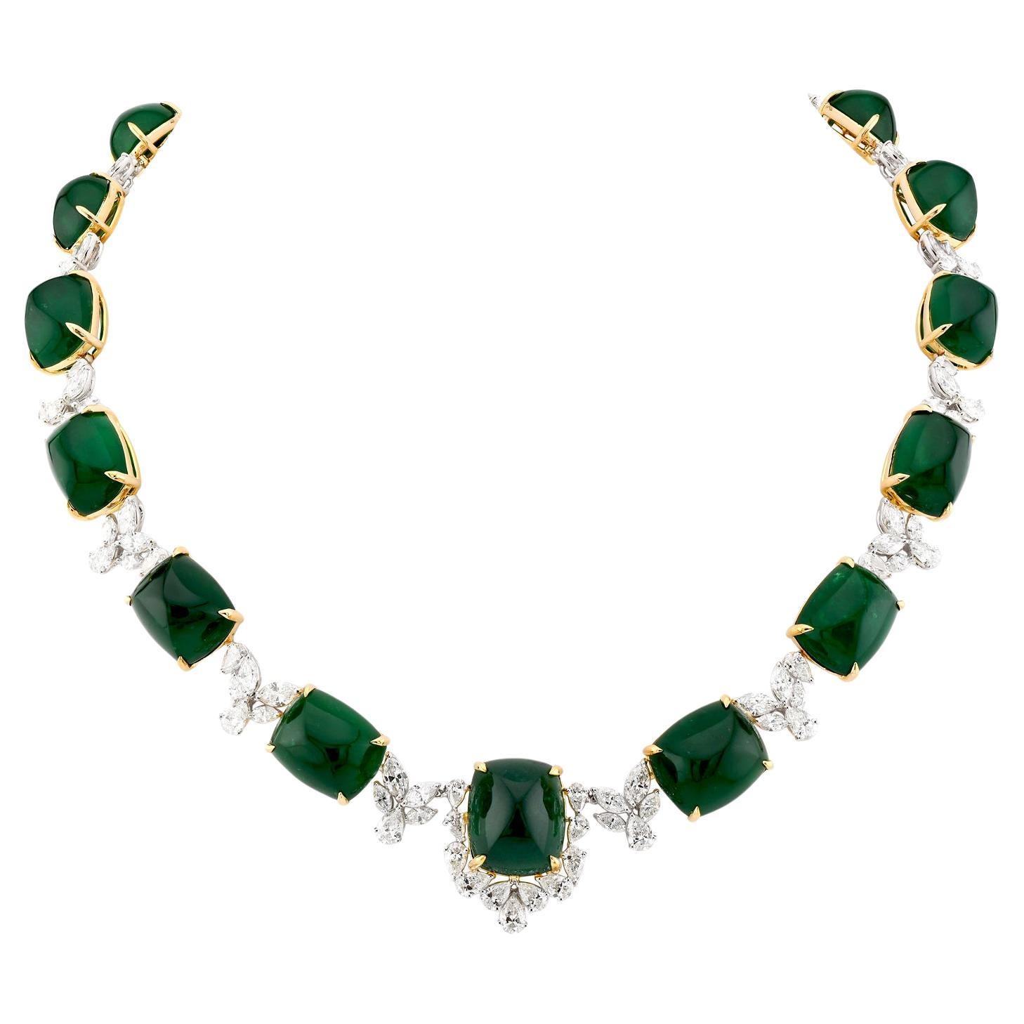 Spectra Fine Jewelry Sugarloaf Cabochon Colombian Emerald Diamond Necklace