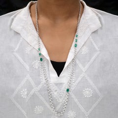 4.64 Ct Zambian Emerald & 11.07ct Diamond Station Necklace 18k White Gold