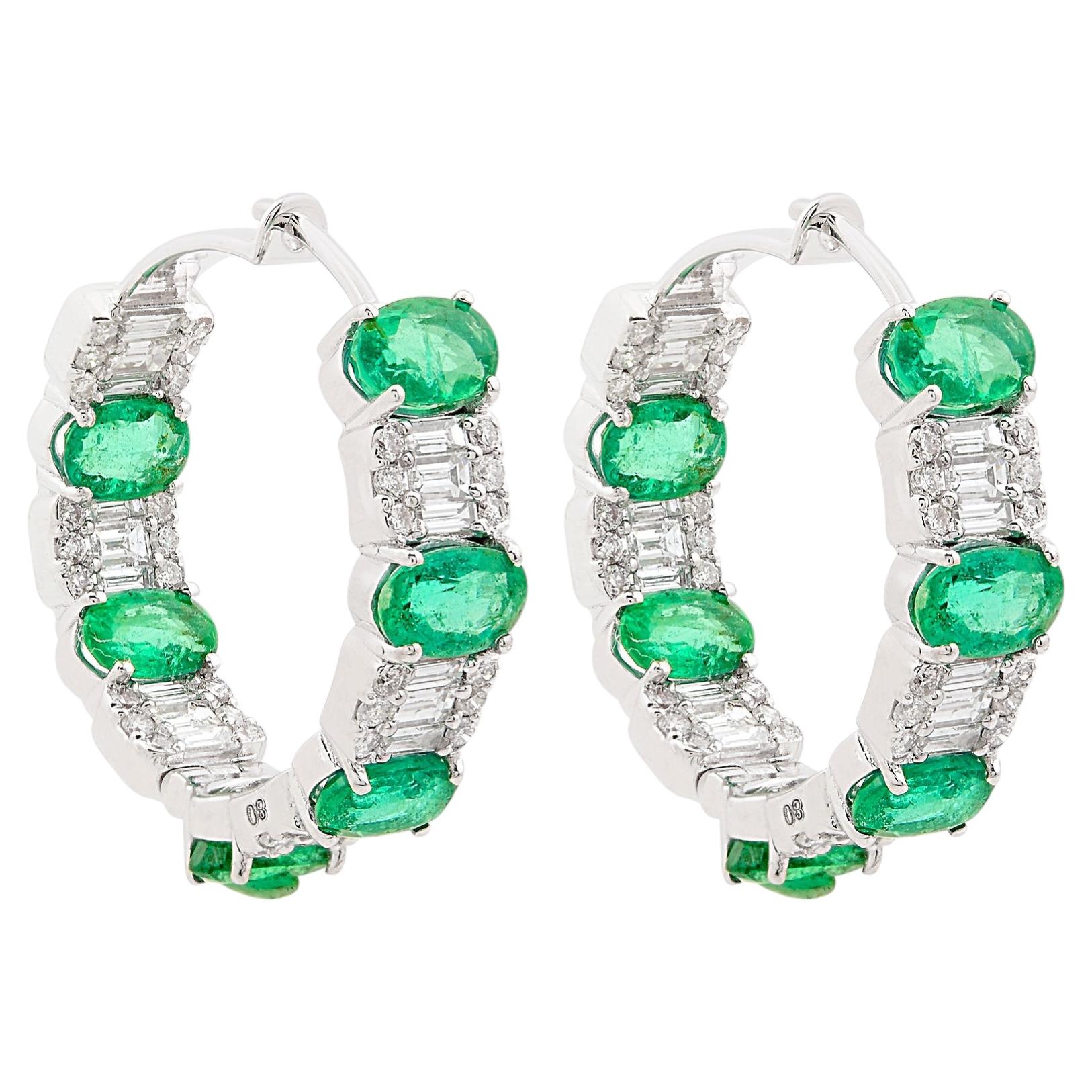 Spectrum Jewels 18k White Gold Zambian Emerald & Diamond Mosaic Hoop Earrings