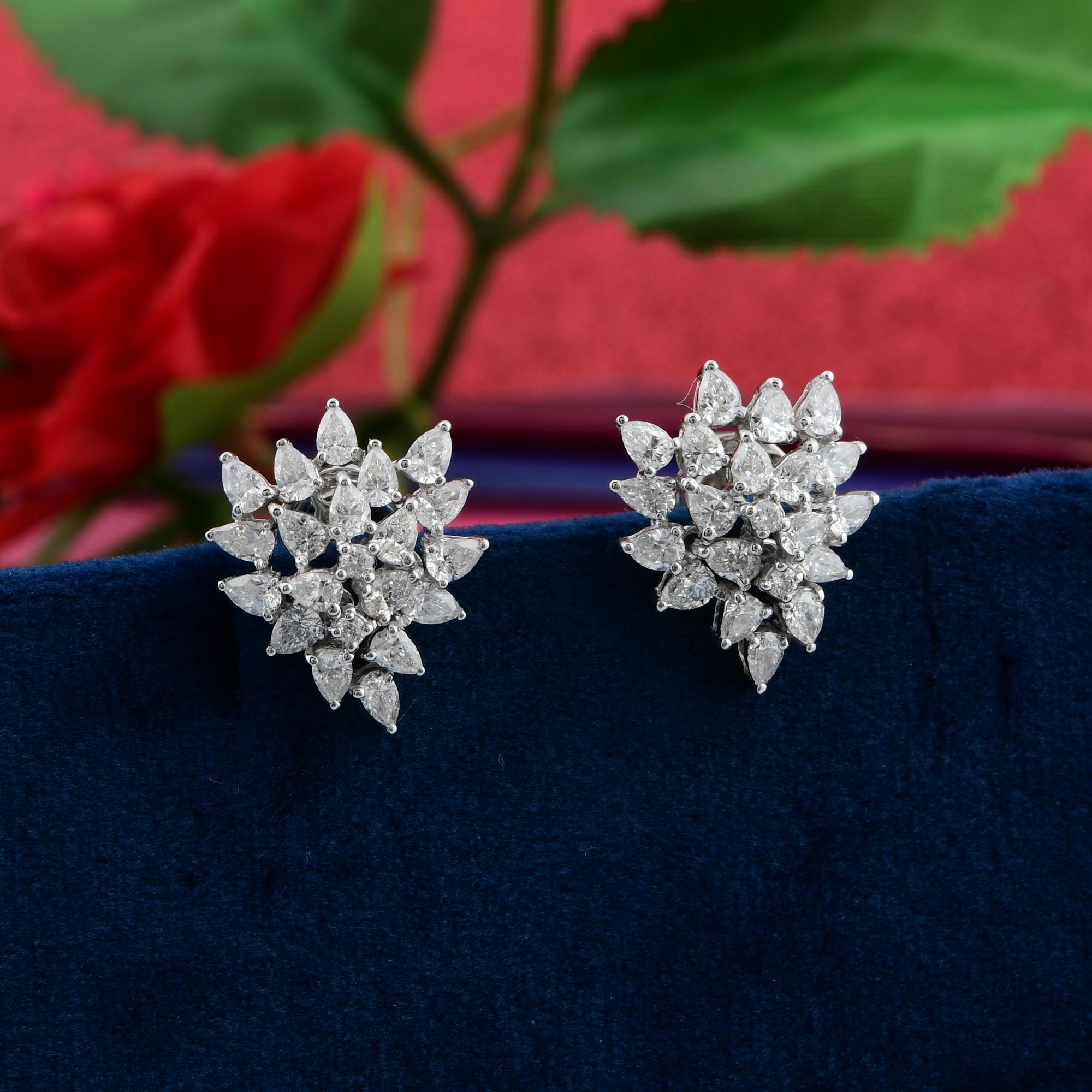 Taille poire H & H Jewels 2.10Ct SI/H Natural Diamond Cluster Stud Ears 14k White Gold en vente