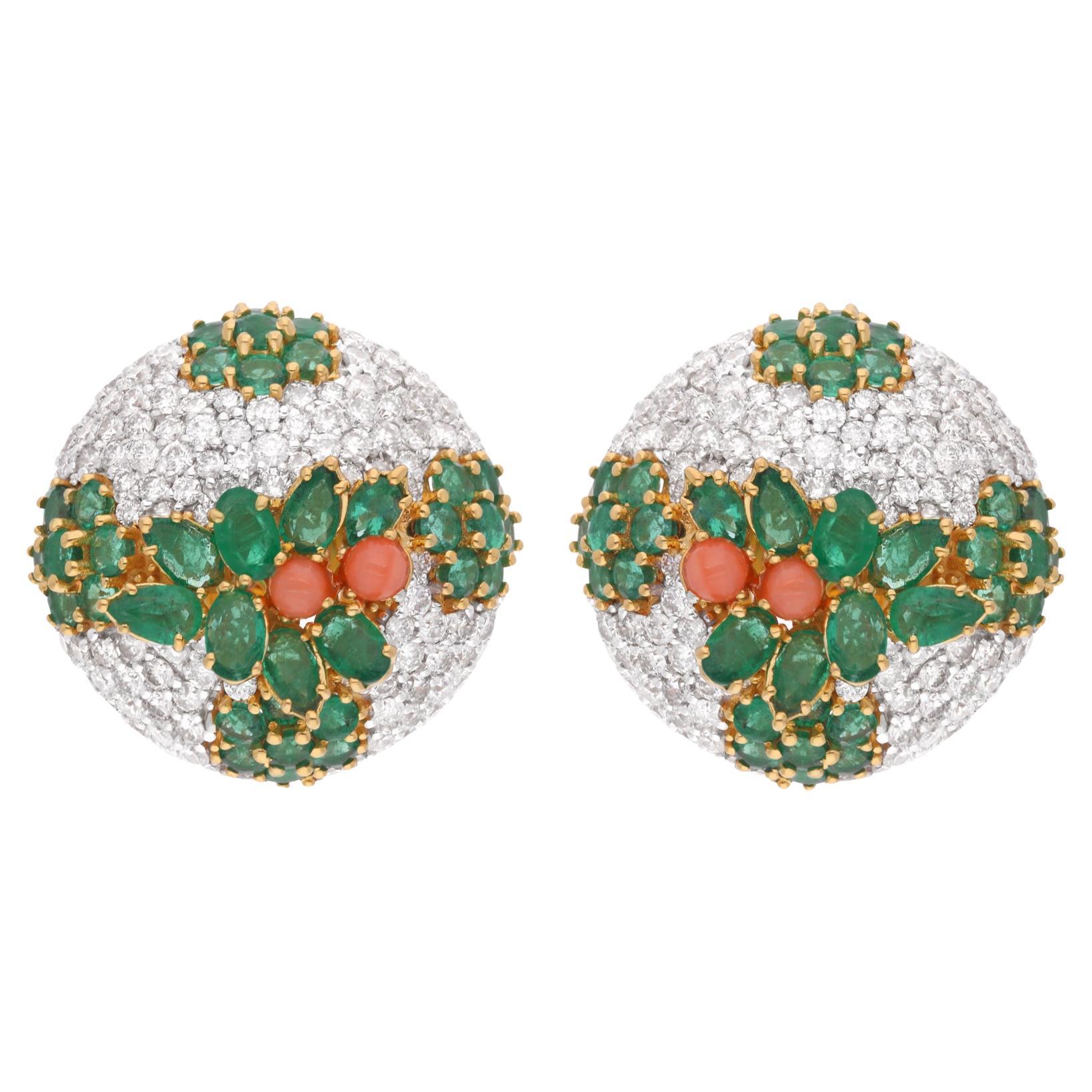 Spectrum Jewels Coral Emerald Gemstone Earrings Diamond 14K White Yellow Gold For Sale