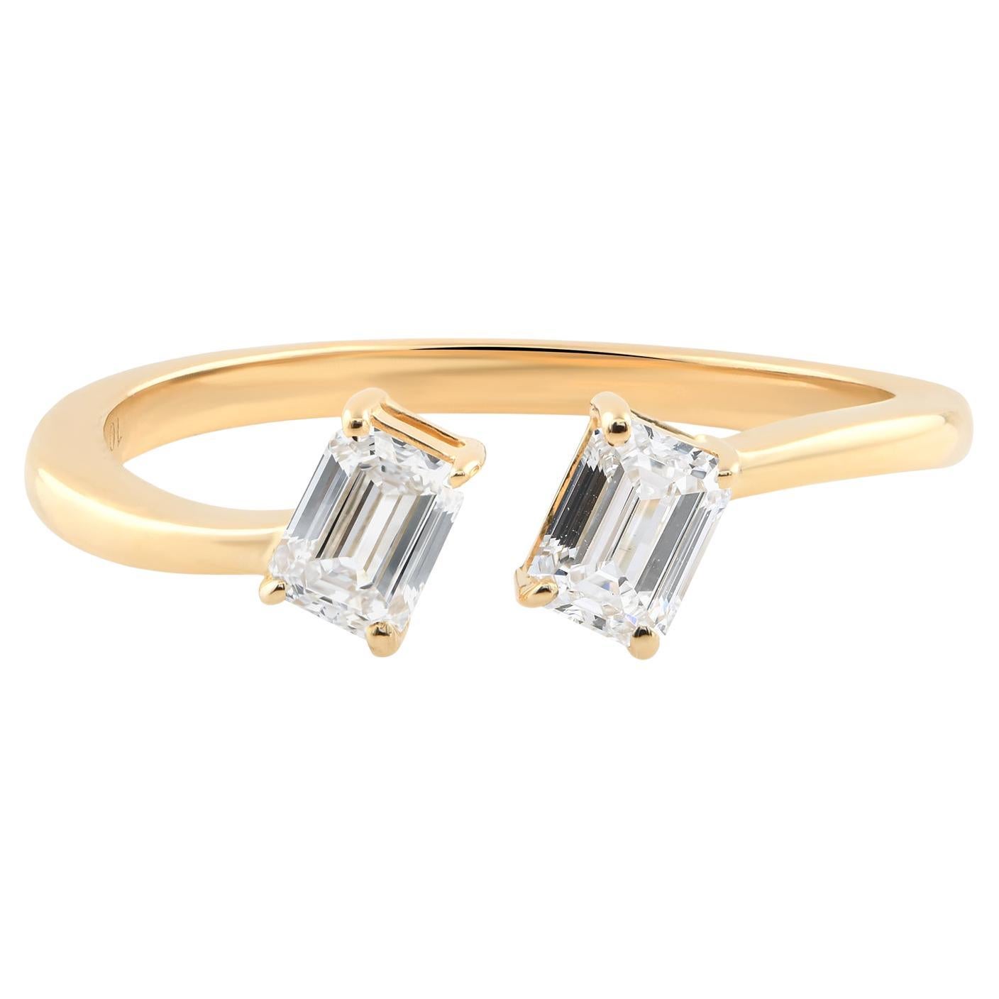 Spectrum Jewels Bague Toi et Moi en or jaune 14 carats, diamant taille émeraude