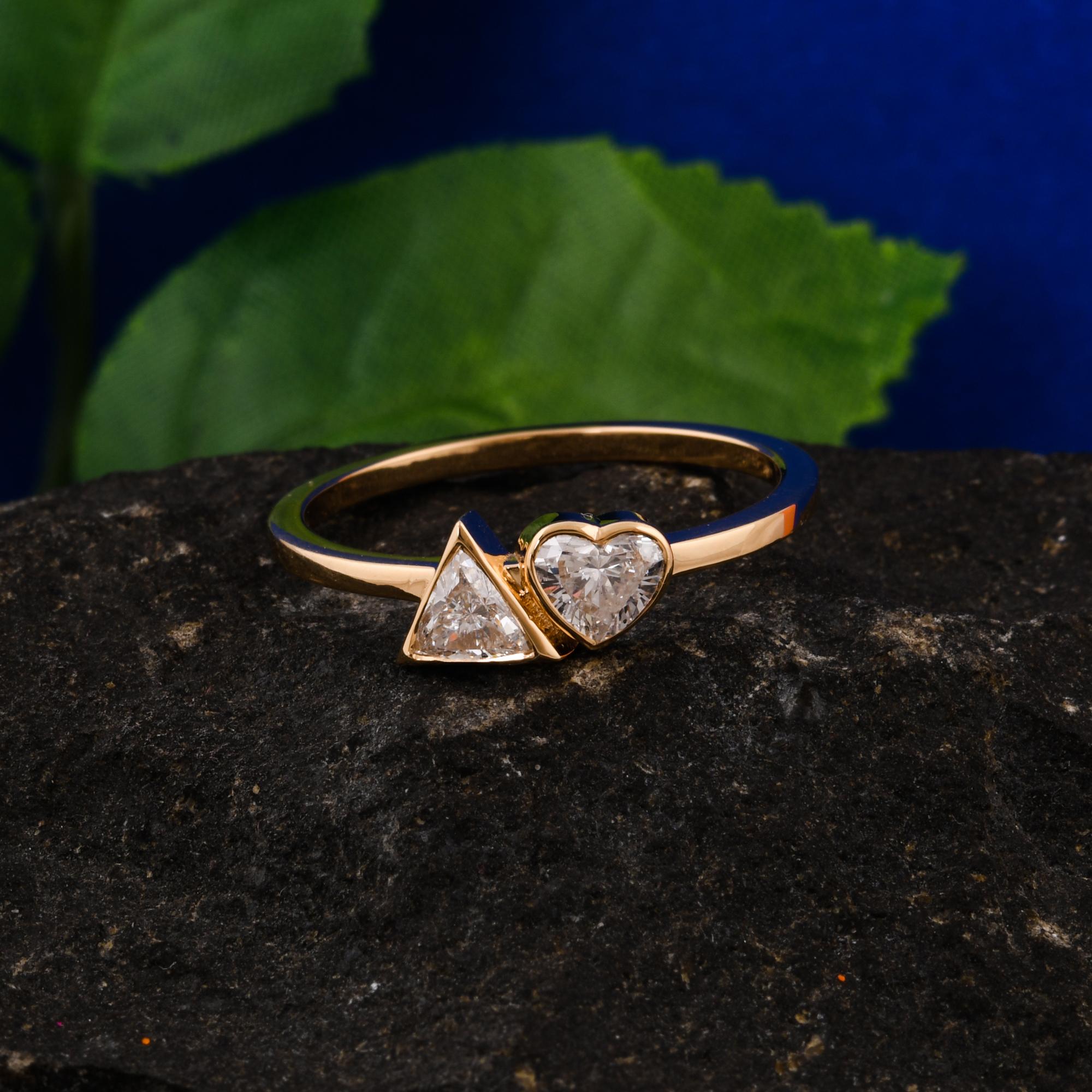 Women's Spectrum Jewels Heart Trillion Shape Diamond Ring 14 Karat Yellow Gold Jewelry For Sale