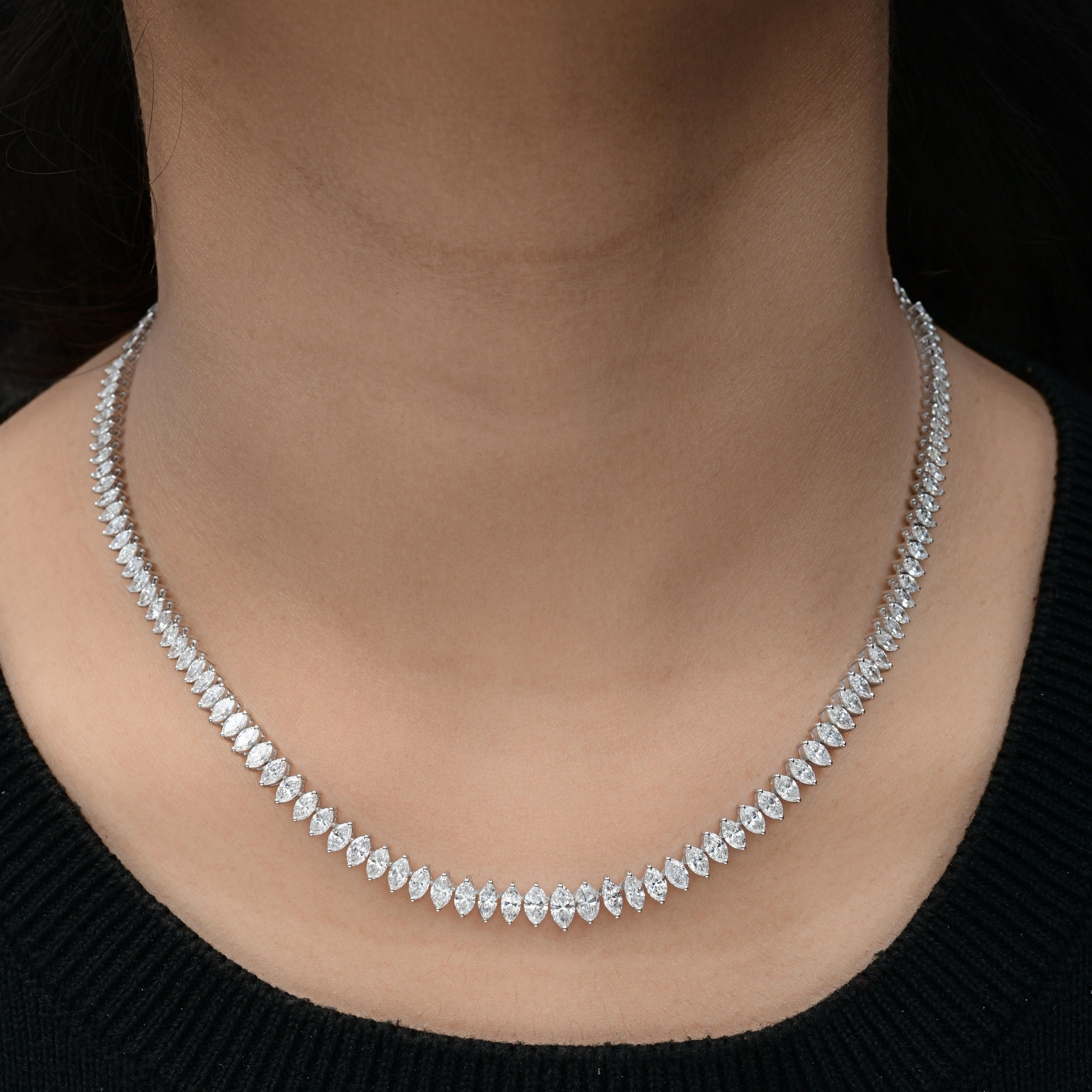 Spectrum Jewels Marquise Cut 8.97Ct SI/H Diamond White Gold Tennis Halskette.
Diese Halskette besteht aus einer durchgehenden Reihe von Edelsteinen im Marquiseschliff, die anmutig in Weißgold gefasst sind.
Sein schlankes und symmetrisches Design