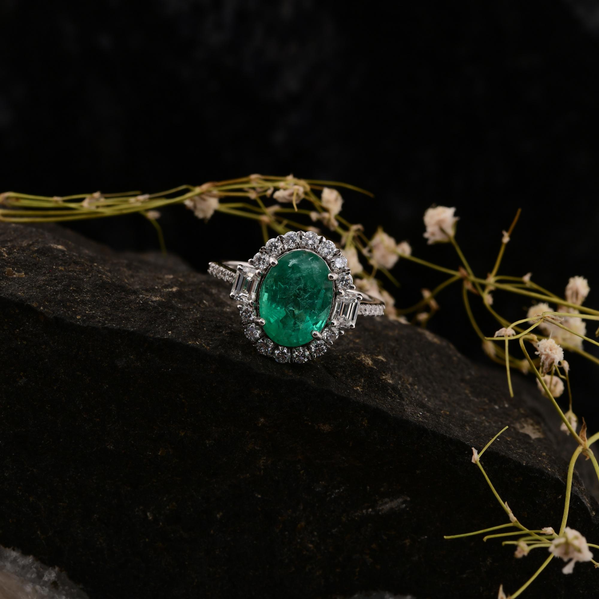 Oval Cut Oval Shape Zambian Emerald Ring SI Clarity HI Color Diamond 14 Karat White Gold For Sale