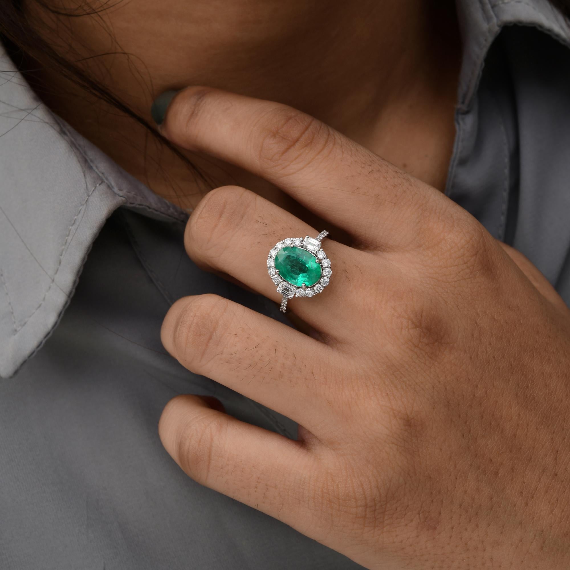 Oval Shape Zambian Emerald Ring SI Clarity HI Color Diamond 14 Karat White Gold For Sale 1
