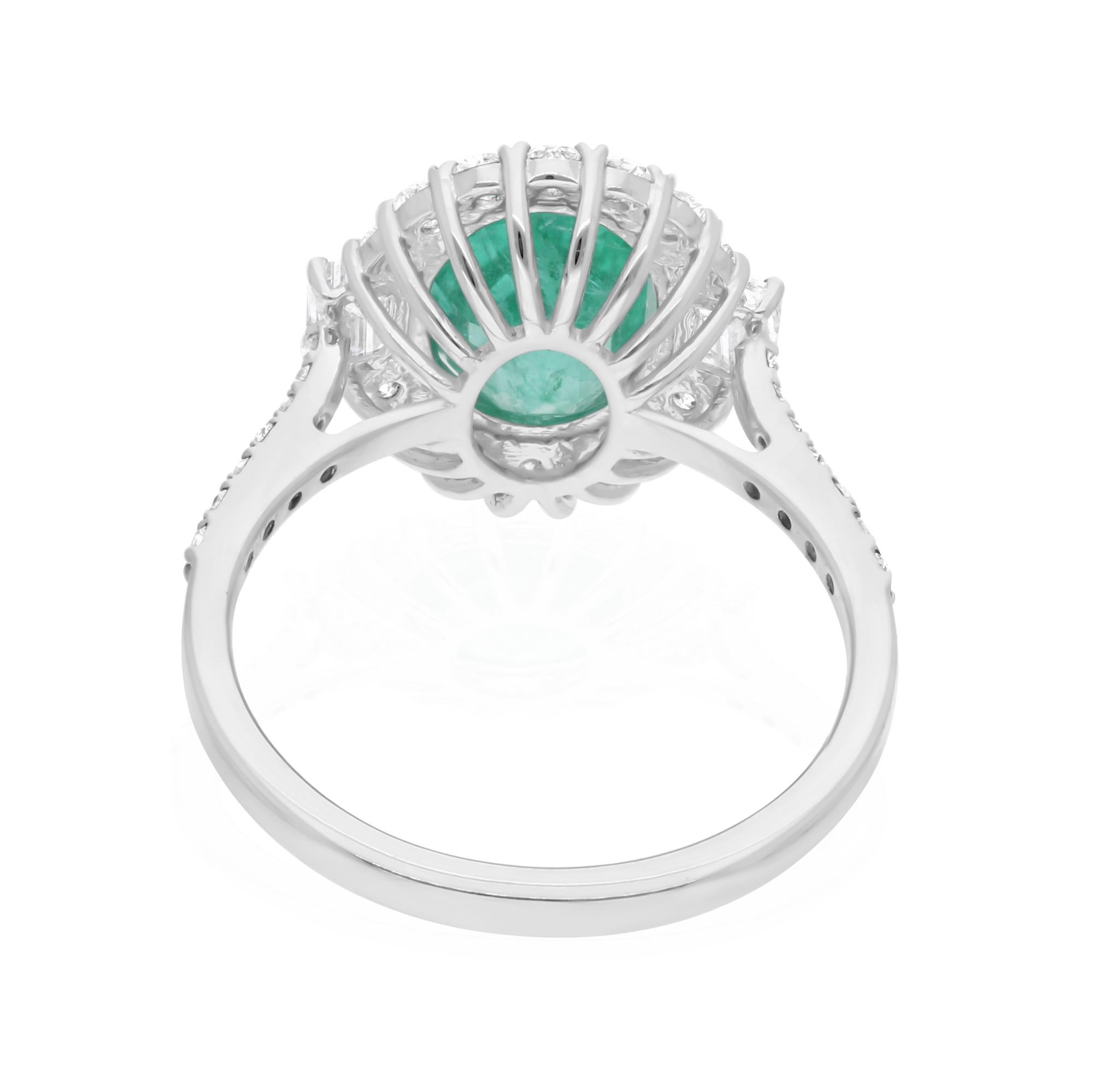 Oval Shape Zambian Emerald Ring SI Clarity HI Color Diamond 14 Karat White Gold For Sale 2