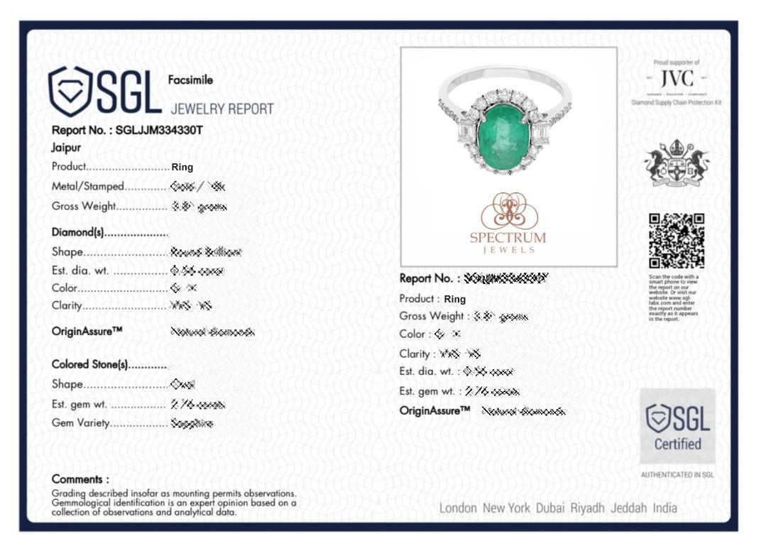 Oval Shape Zambian Emerald Ring SI Clarity HI Color Diamond 14 Karat White Gold For Sale 3