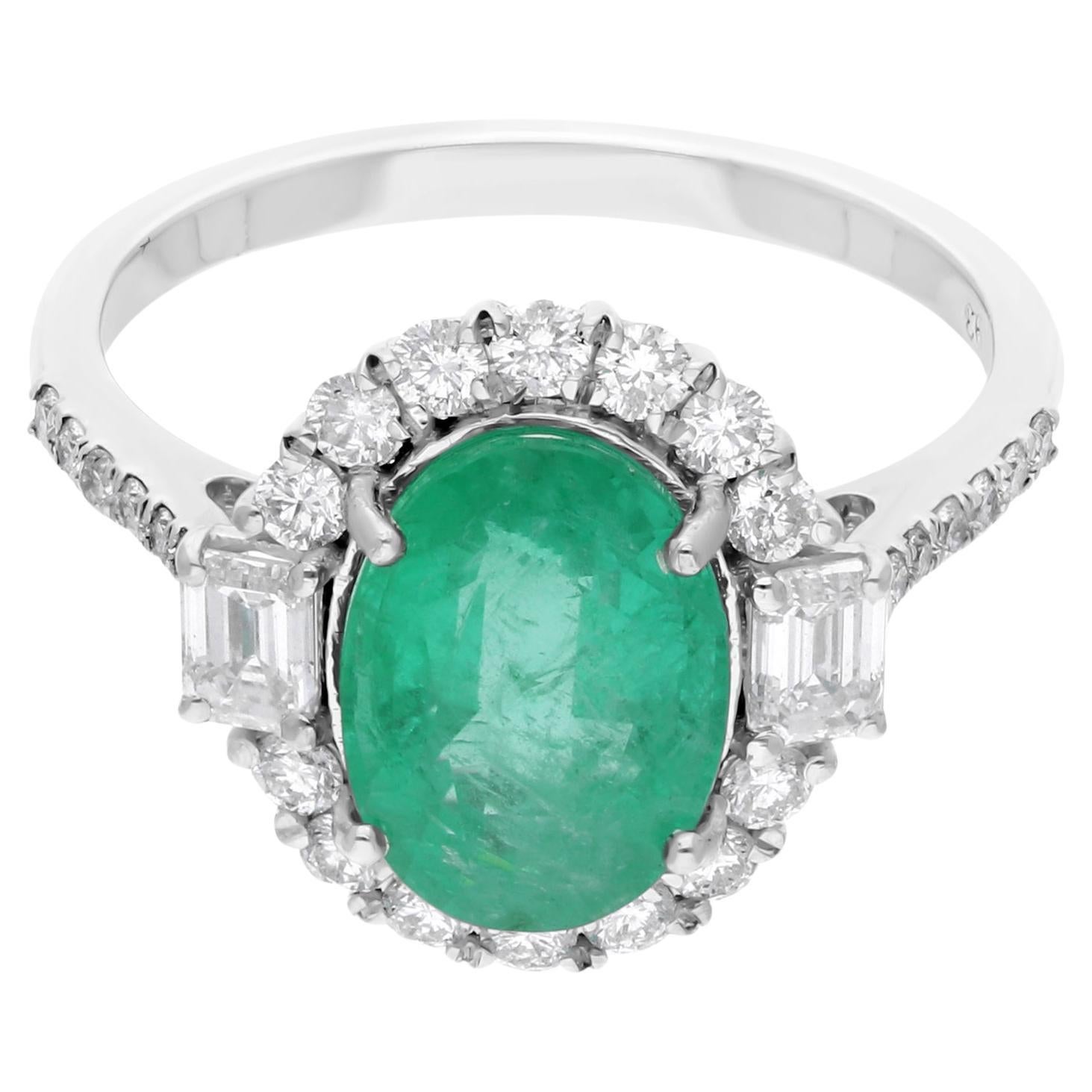 Anillo Esmeralda Zambiana Forma Ovalada SI Claridad HI Color Diamante 14 Kilates Oro Blanco