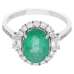 Anillo Esmeralda Zambiana Forma Ovalada SI Claridad HI Color Diamante 14 Kilates Oro Blanco