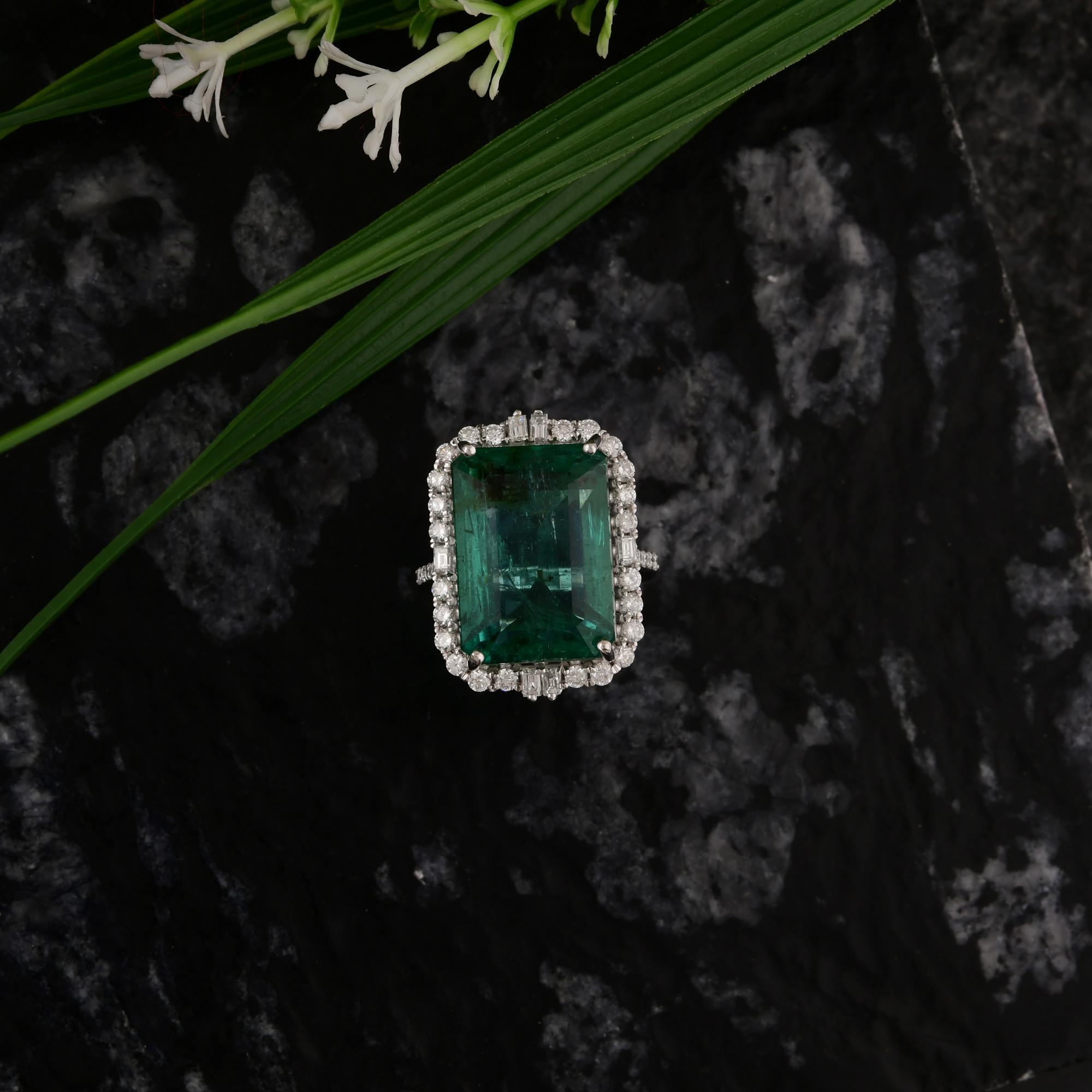Emerald Cut Spectrum Jewels Zambian Emerald SI/H Diamond 14k White Gold Cocktail Ring For Sale
