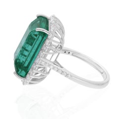 Emerald Cut Natural Emerald and Diamond Halo Ring, 17.48 Carats, 18K White Gold