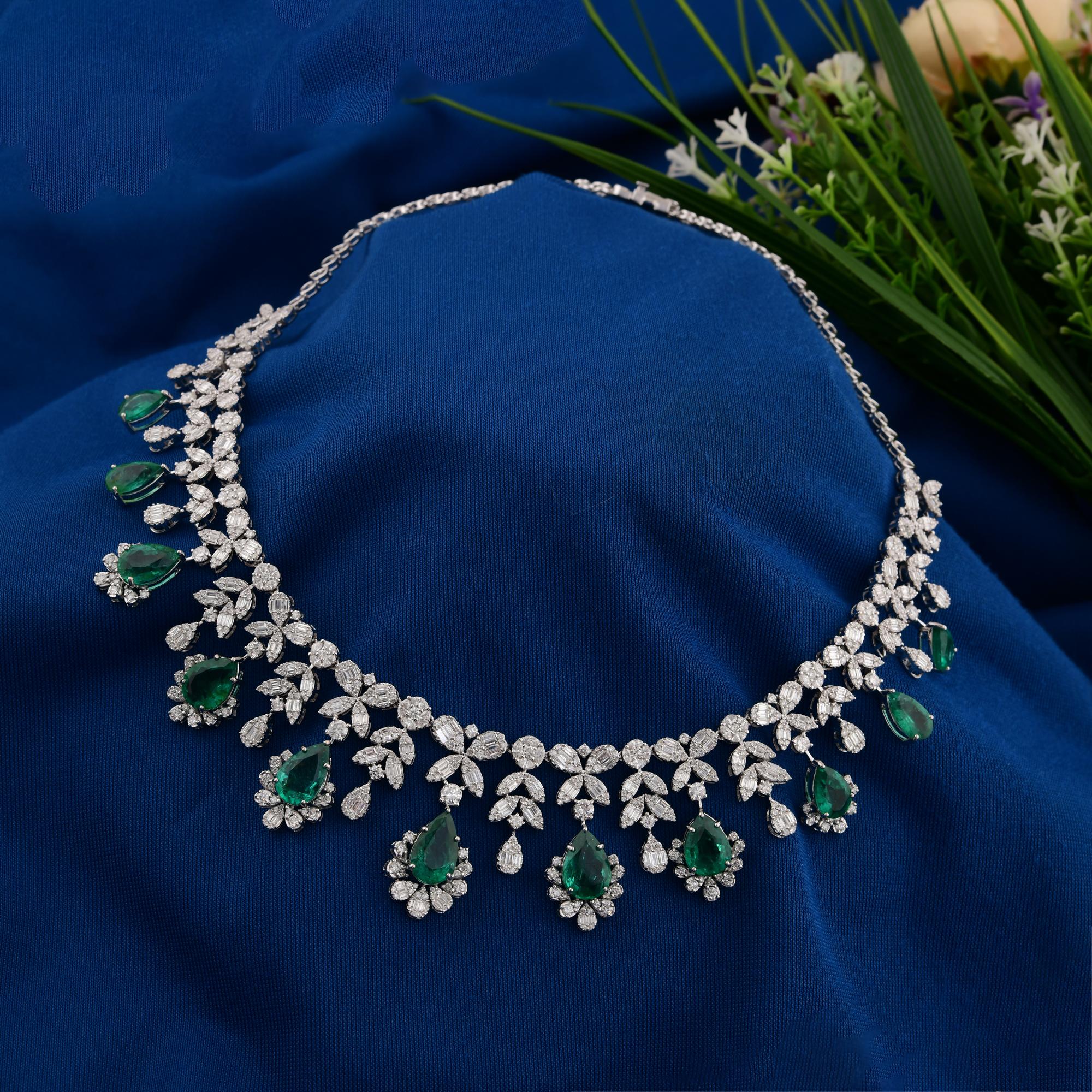 Spectrum Jewels Halskette aus 18 Karat massivem Weißgold mit sambischem Smaragd SI/HI Diamant (Tropfenschliff) im Angebot