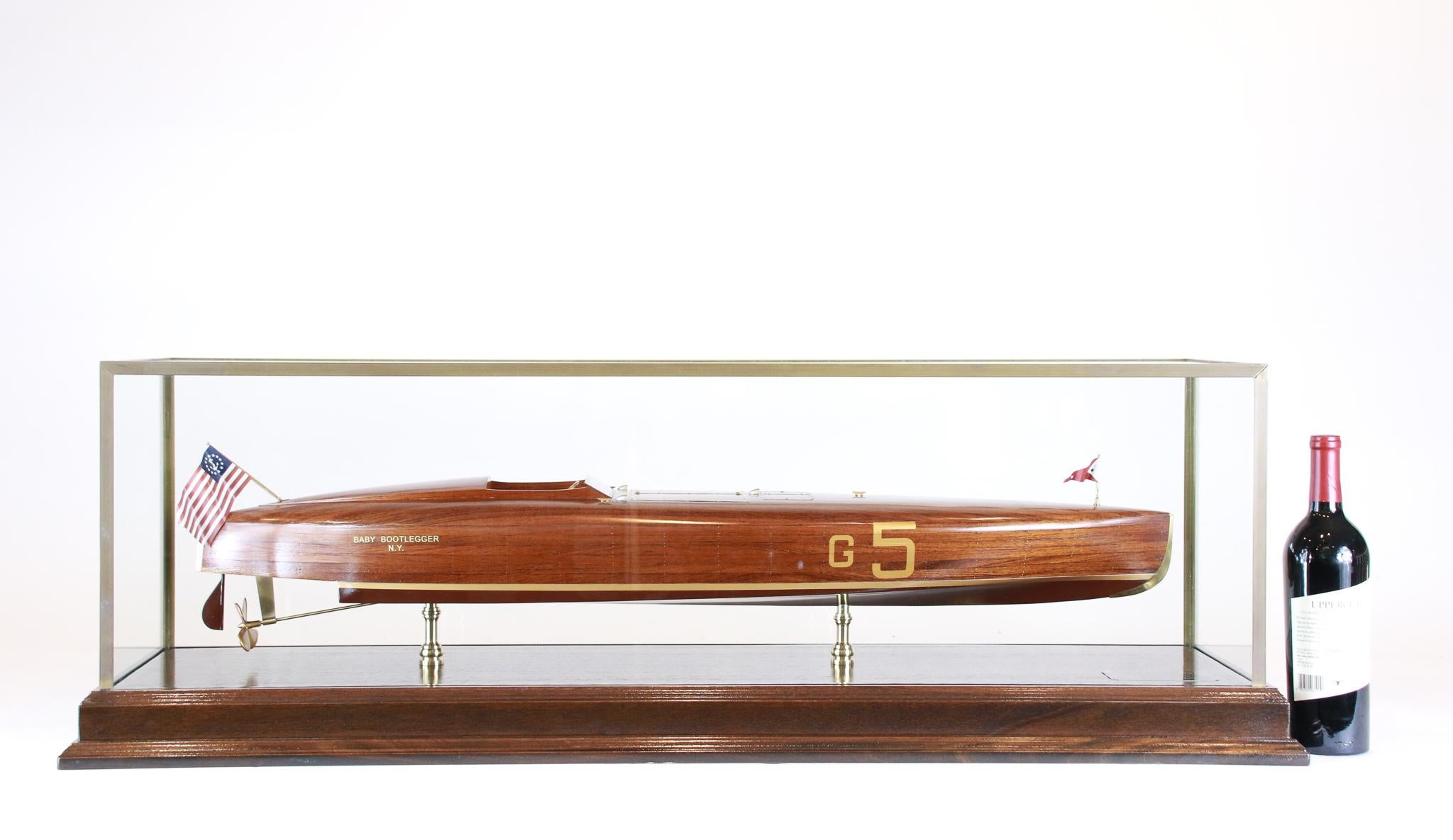 Model of the 1924 American wood-built speedboat Baby Bootlegger. Built for race car driver and Indianapolis 500 competitor Caleb Bragg (1885-1943), the Bootlegger was fitted with a 200 horsepower converted aircraft engine from the First World War.