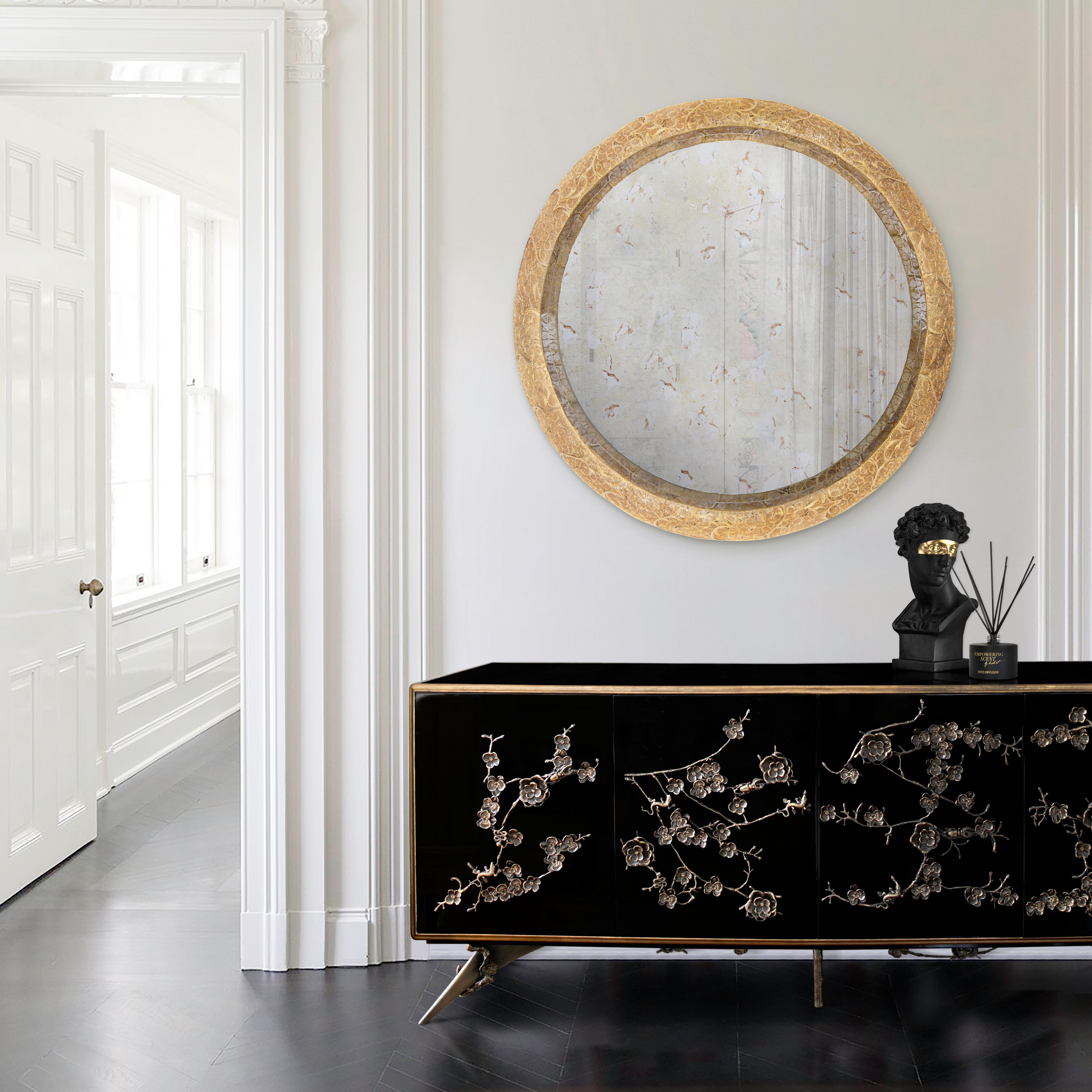 There is a sense of reveal and conceal as KOKET takes a beautiful chest in high gloss lacquer and adorns it in metal organic lace, revealing a mesmerizing hint of what lies beneath. Interior opens to four drawers embellished with organic hardware
