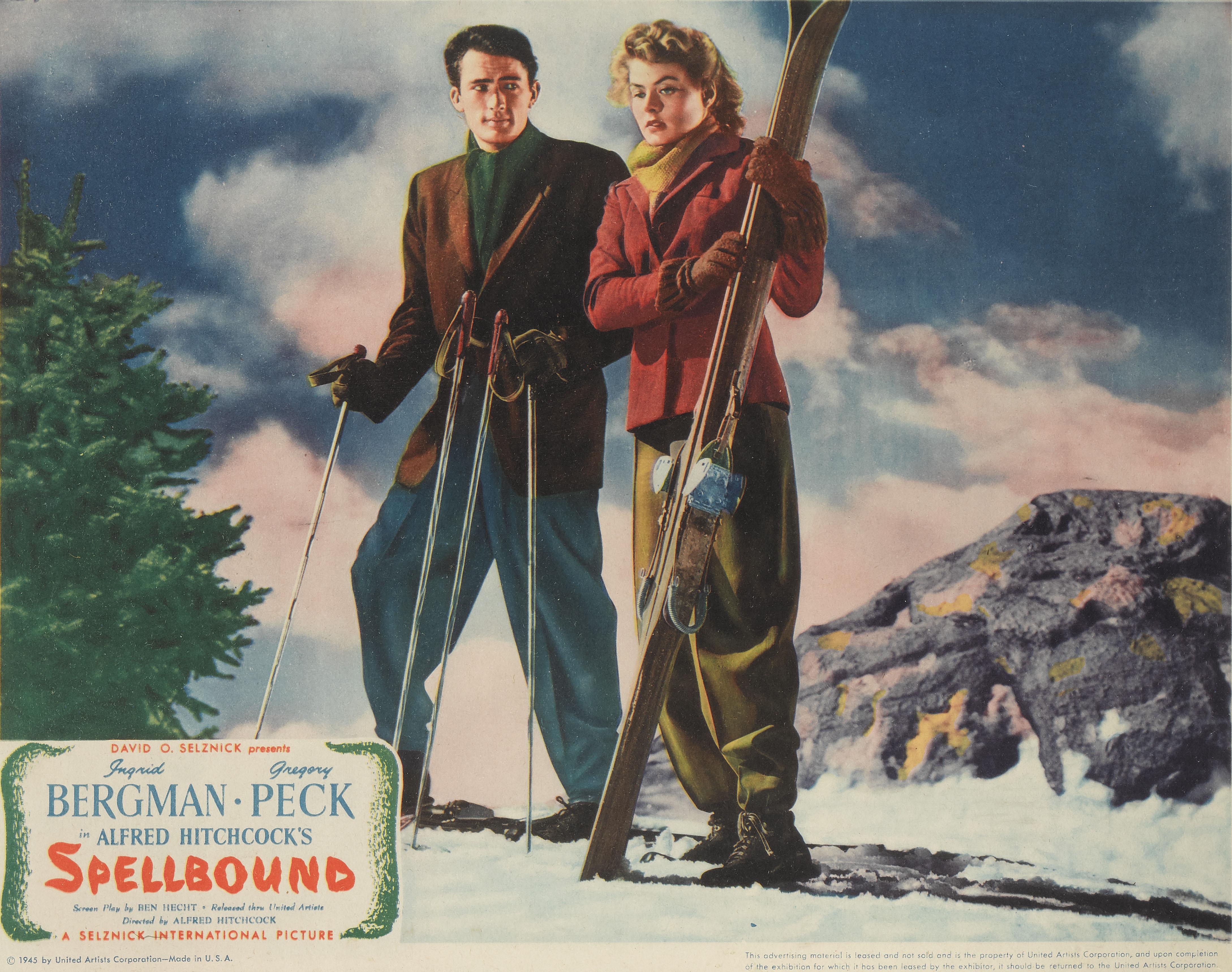 Original US-Lobbykarte für den Thriller von Alfred Hitchcock aus dem Jahr 1945 mit Ingrid Bergman, Gregory Peck, Michael Chekhov und Leo G. Carroll in den Hauptrollen. Dr. Edwardes (gespielt von Gregory Peck) übernimmt die Leitung der