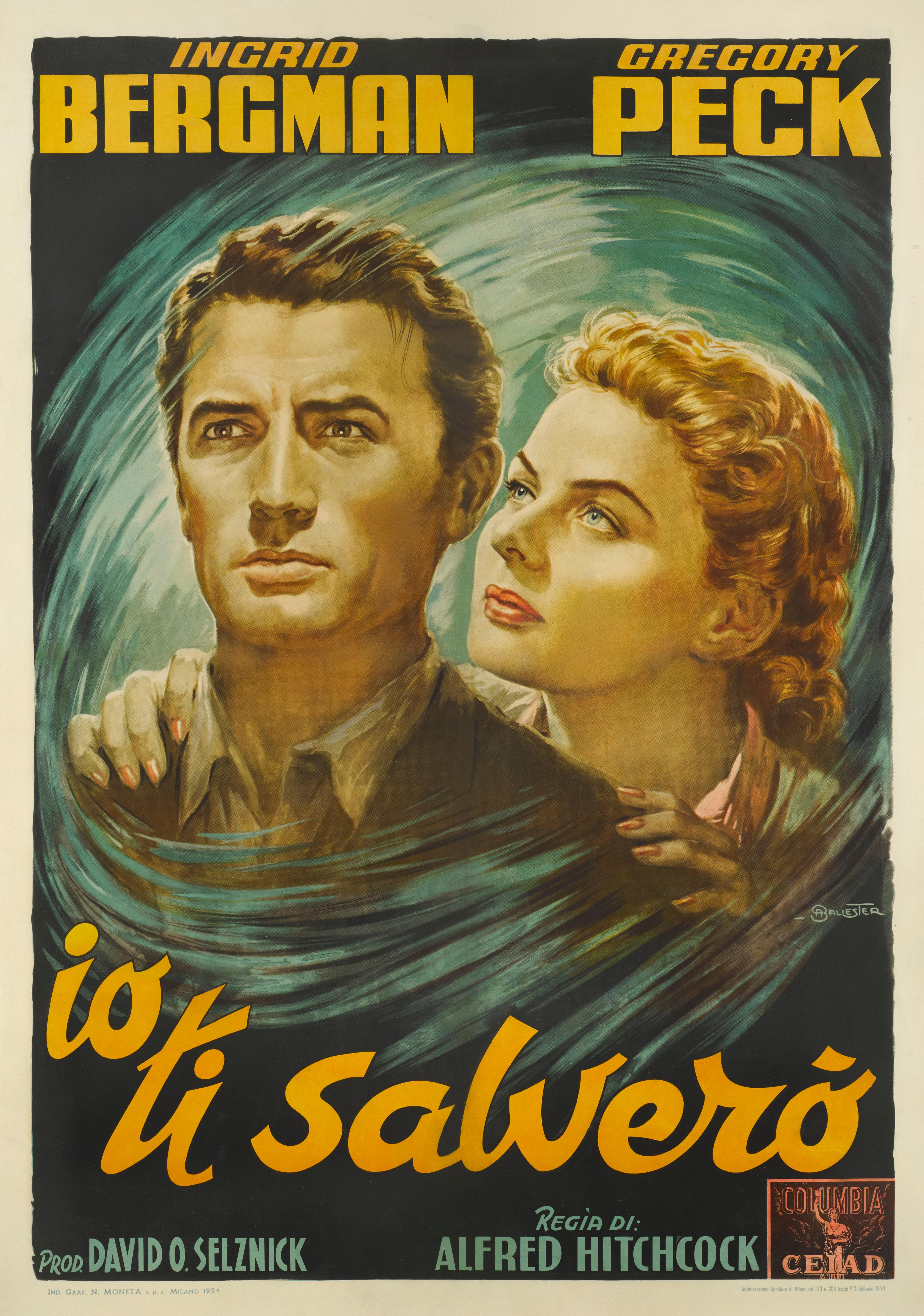 Original Italian film poster for Spellbound, 1945
This film noir was directed by Alfred Hitchcock, and stars Ingrid Bergman, Gregory Peck, Michael Chekhov and Leo G. Carroll. Dr. Edwardes (played by Gregory Peck) takes over as head of mental