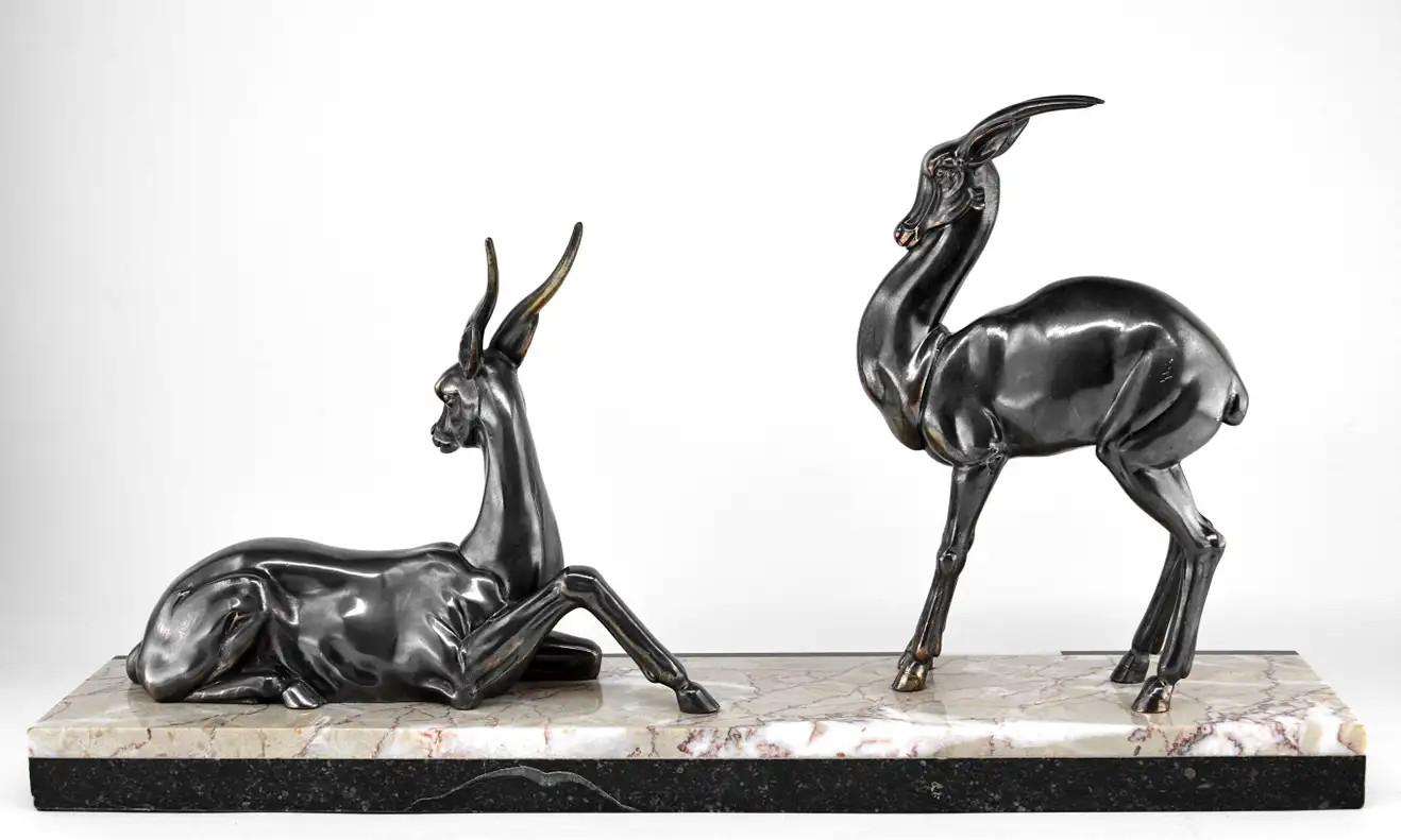 Onyx Spelter Antelope Sculpture, French, Art Deco, 1930s