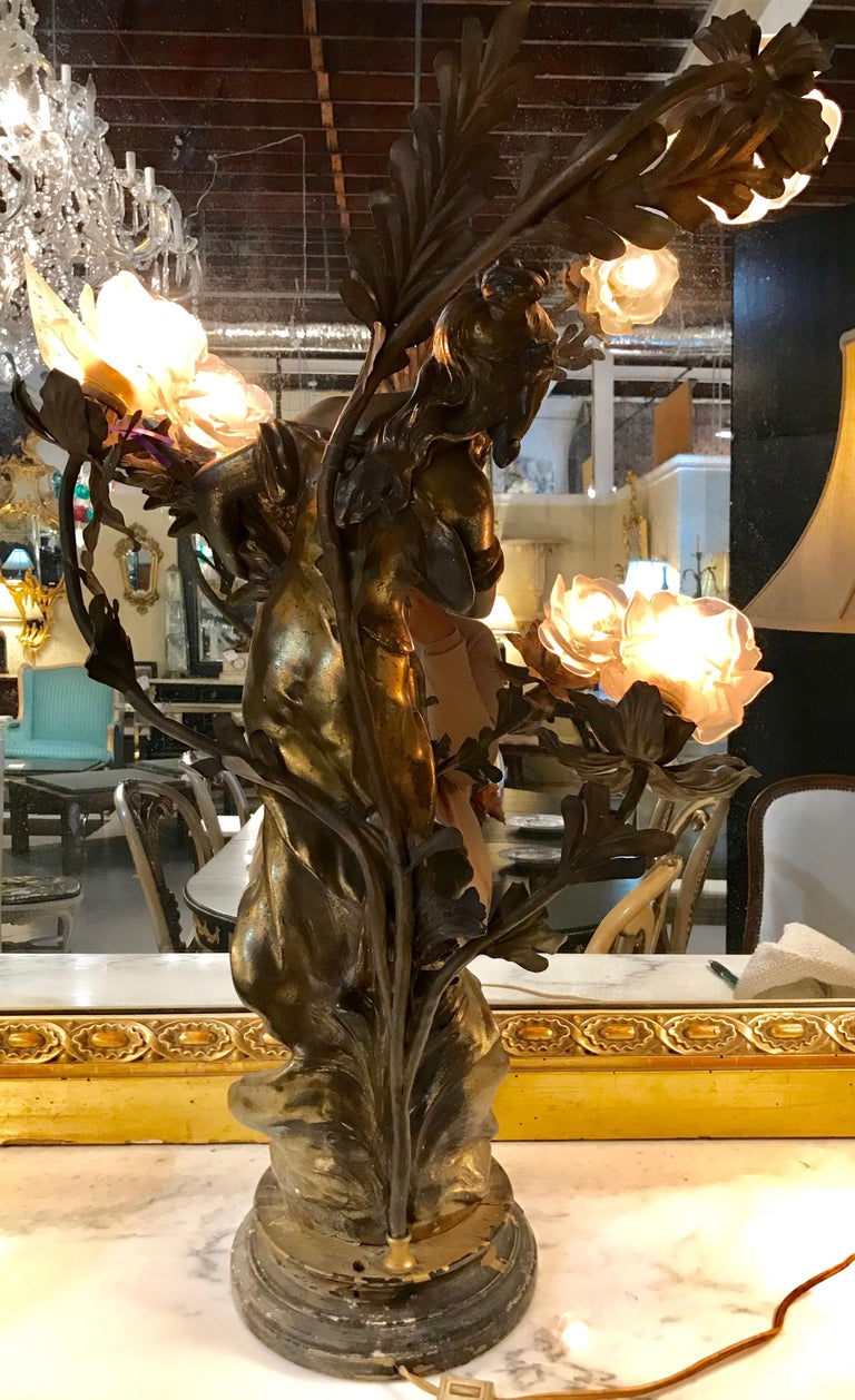 Spelter Auguste Moreau French Figural Table Lamp with 3 Lalique Style