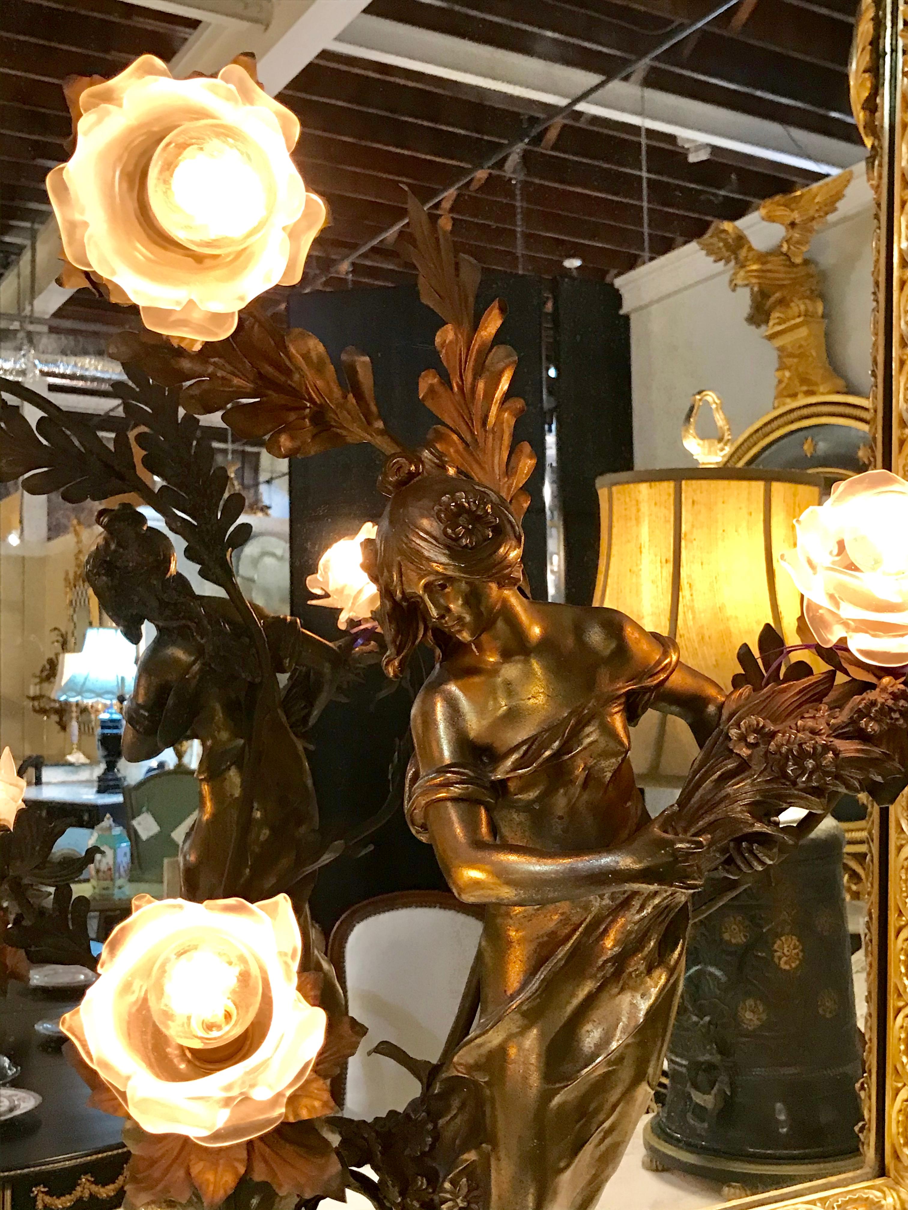 Spelter Auguste Moreau French Figural Table Lamp with 3 Lalique Style Shades In Good Condition In Stamford, CT