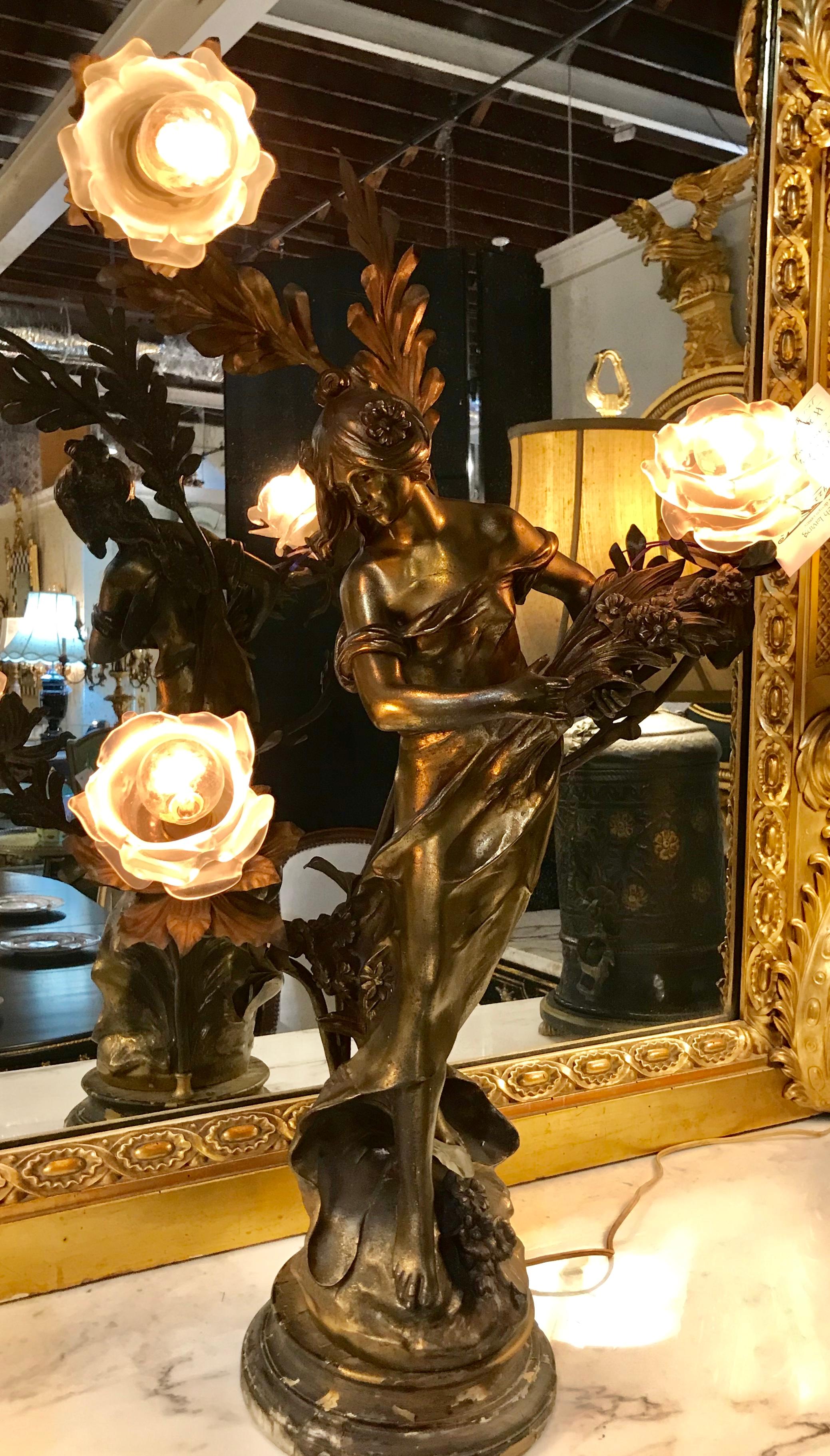 20th Century Spelter Auguste Moreau French Figural Table Lamp with 3 Lalique Style Shades