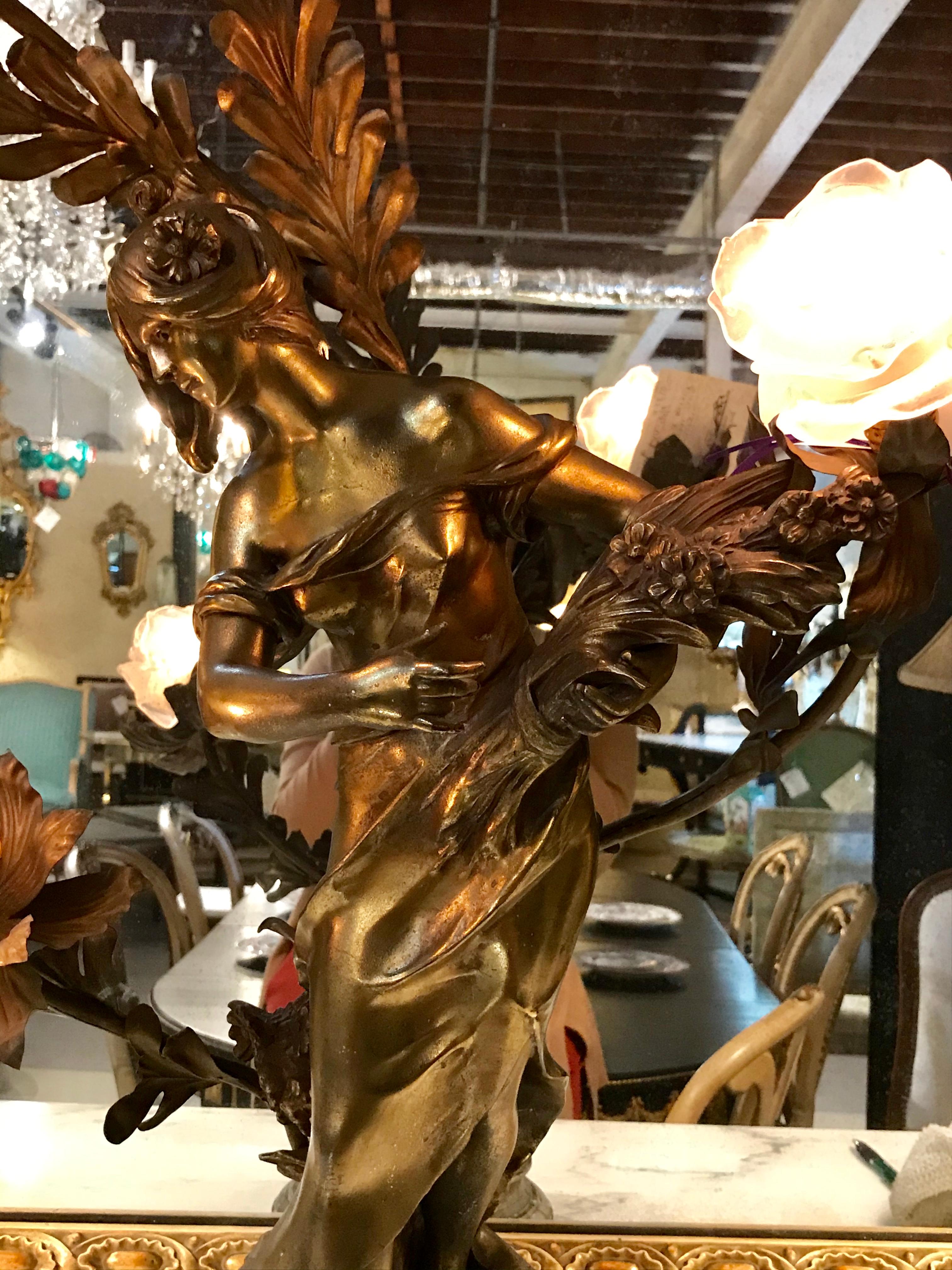 Metal Spelter Auguste Moreau French Figural Table Lamp with 3 Lalique Style Shades